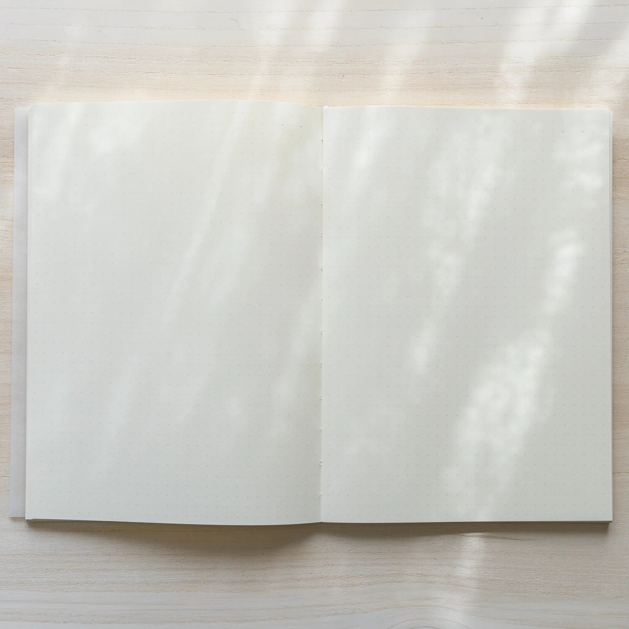 Midori MD Notebook A5 opened flat at 180 degrees from above, showing two white blank endpaper pages and center spine on wood