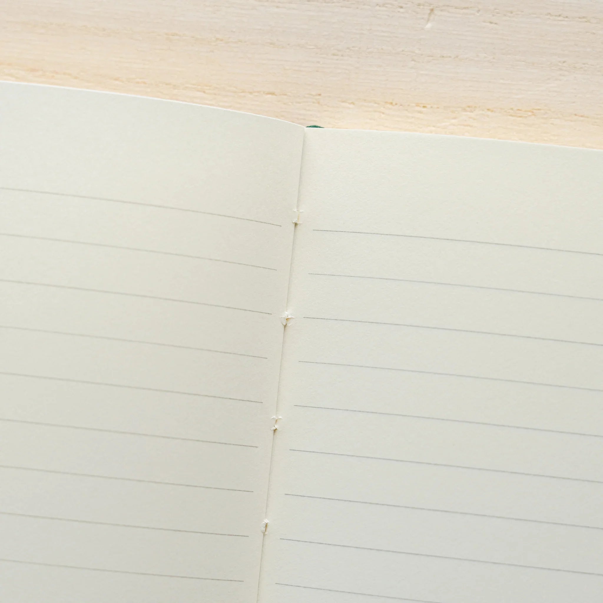 Midori MD Notebook A5 lined pages close-up showing thread-stitched center spine, ivory paper with horizontal lines on wood