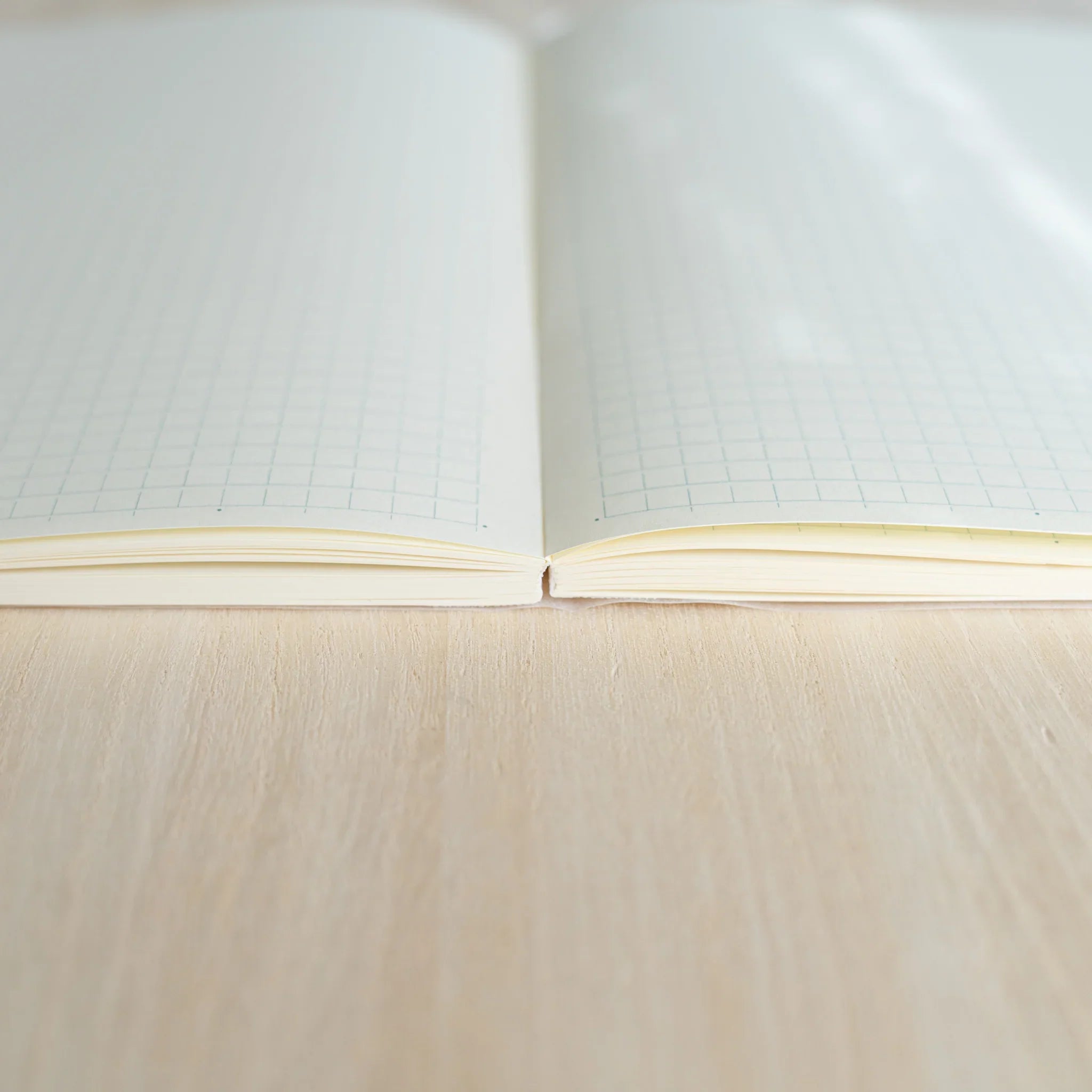 Midori MD Notebook A5 opened flat, side view showing ivory grid pages and center thread-stitched binding on wood surface