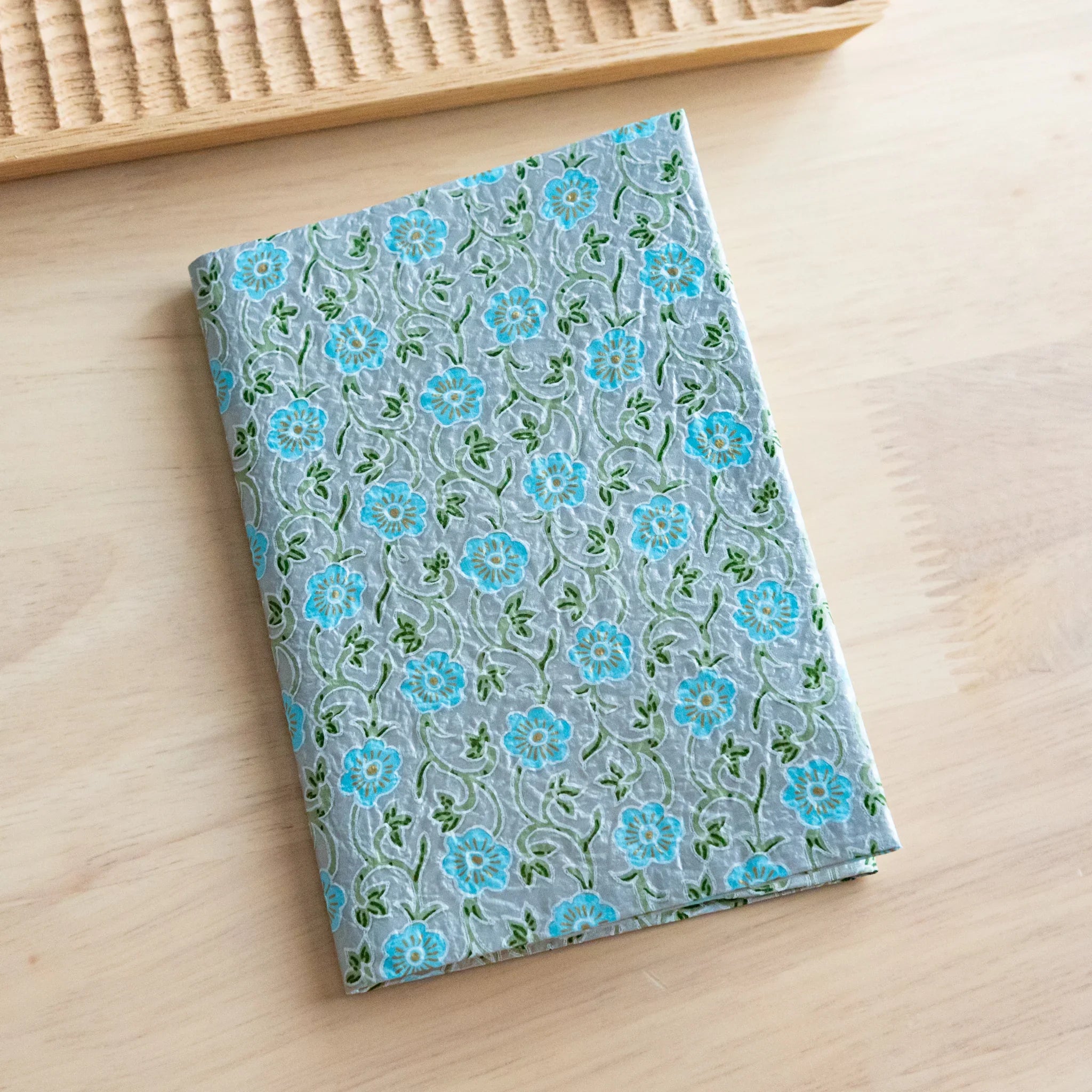 Pastel Blue Flower Hand-Dyed Yuzen Washi, variant 6: three-quarter view of complete item with full visual clarity