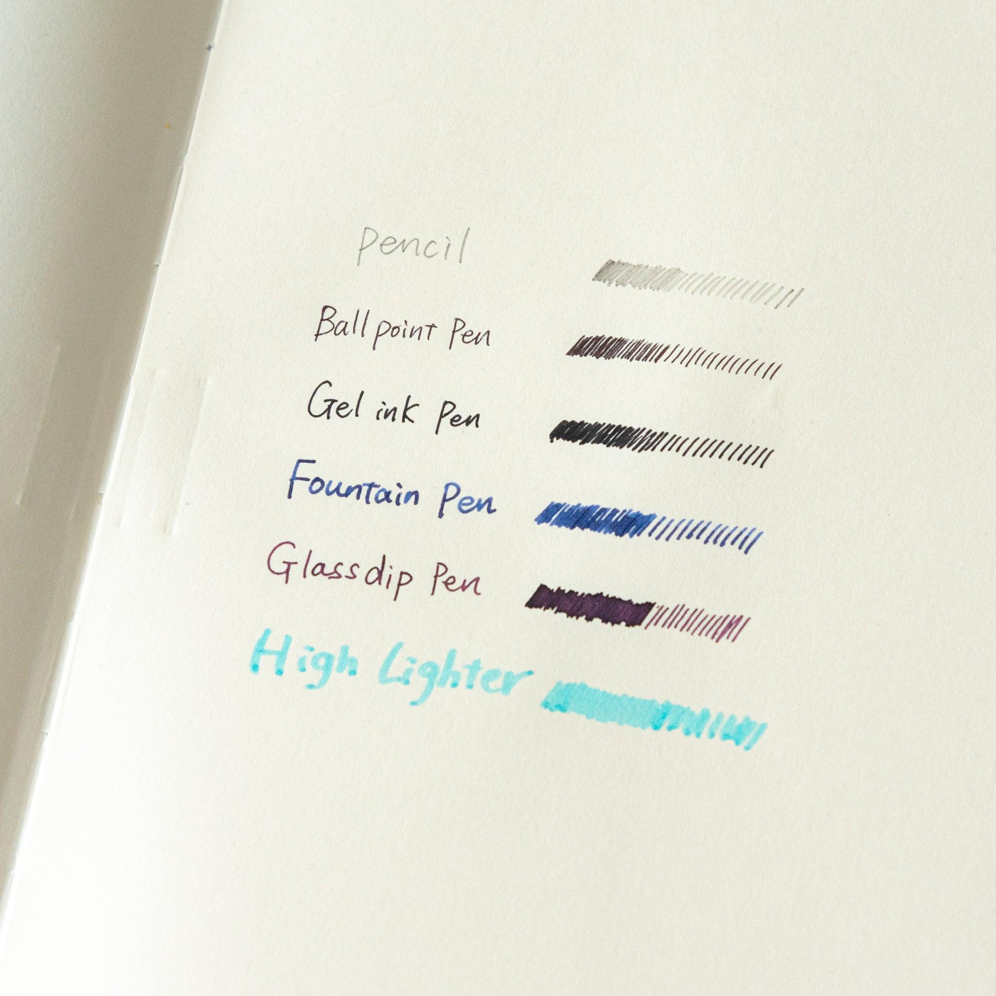 Premium CD Fountain Pen Notebook A5 - Cream with writing samples in fountain pen, glass dip pen, and other tools.