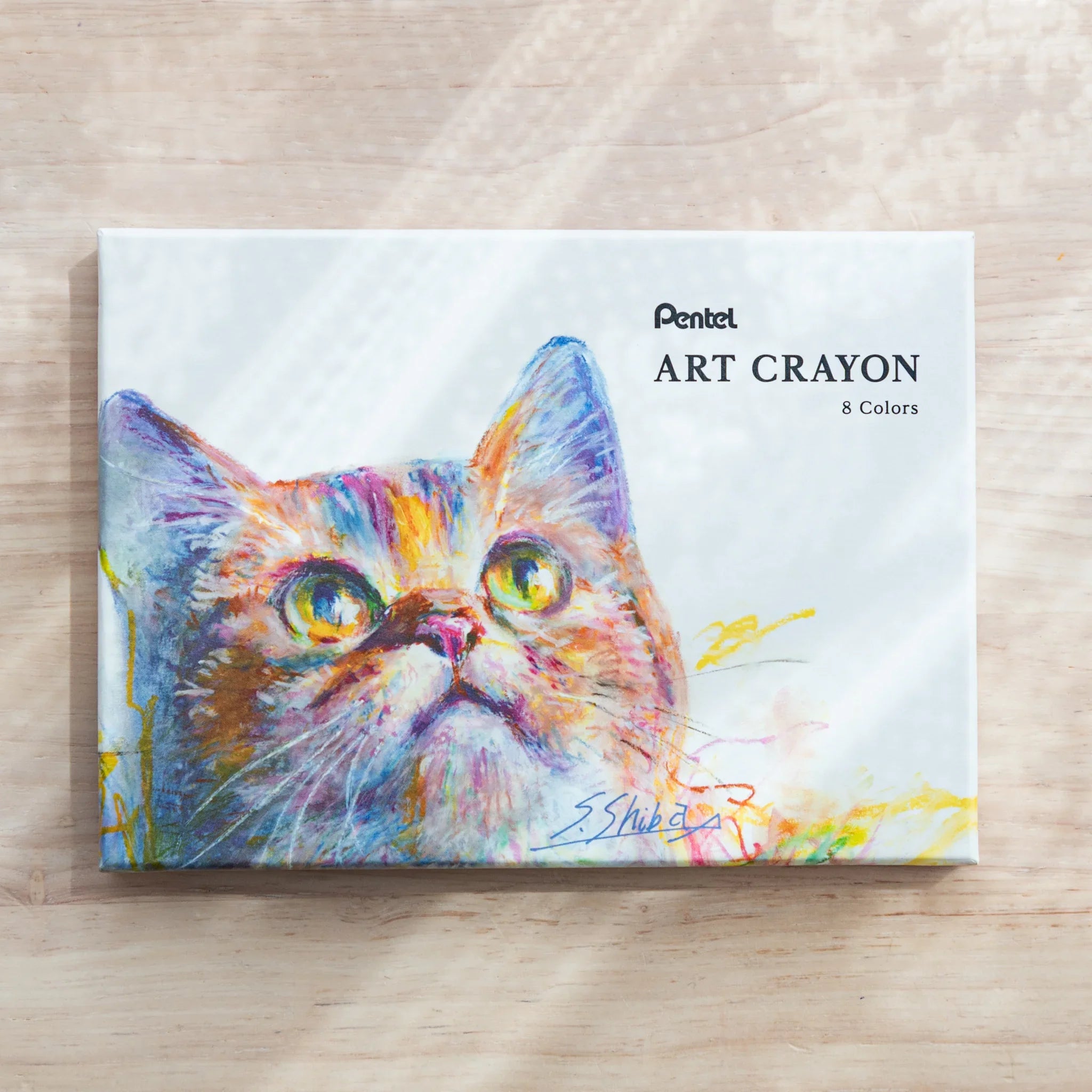 Pentel Art Crayons set with 8 colors; box features a detailed cat illustration; Japanese crayon set by Pentel