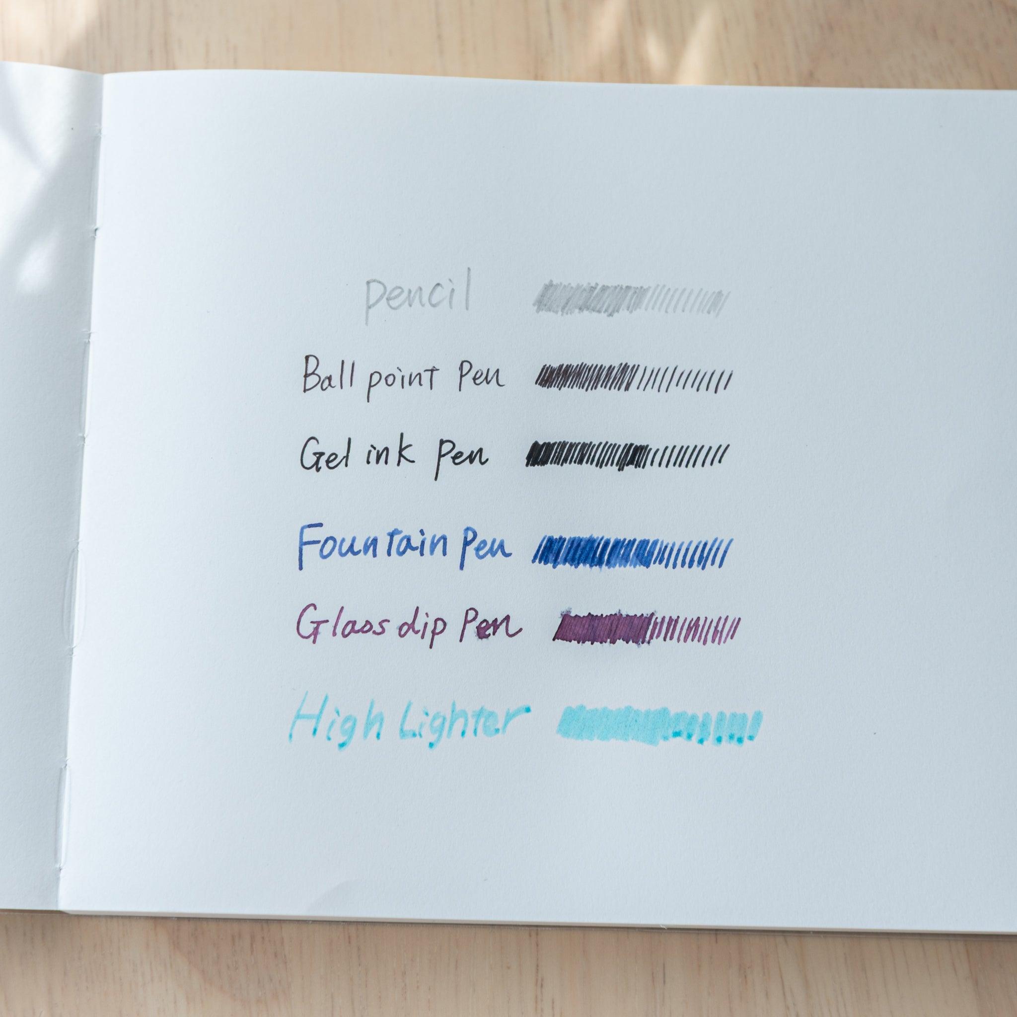 A notebook page with pen tests labeled: pencil, ballpoint, gel ink, fountain, glass dip pen, and highlighter.
