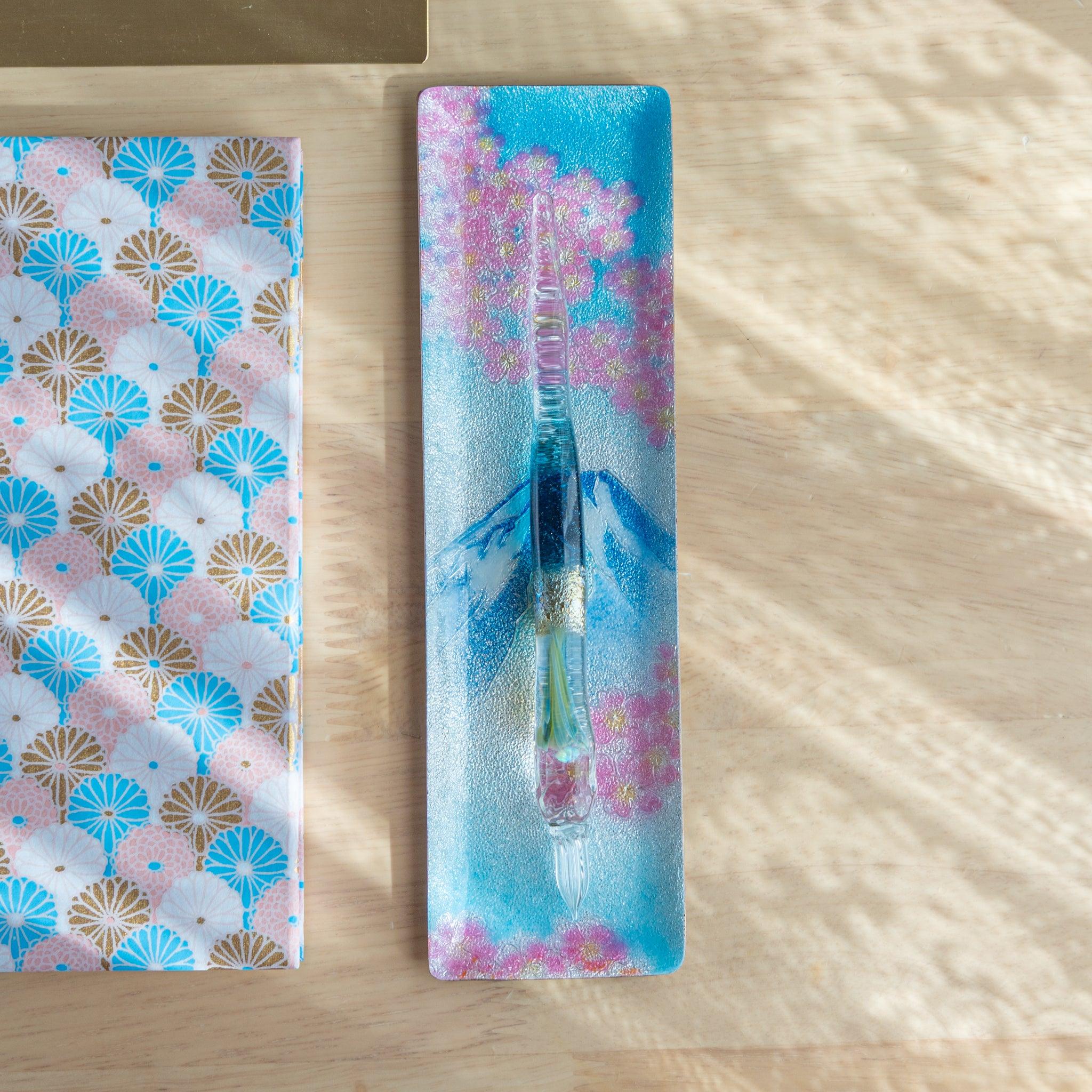 Narrow rectangular pen tray with Mount Fuji and pink cherry blossom design.