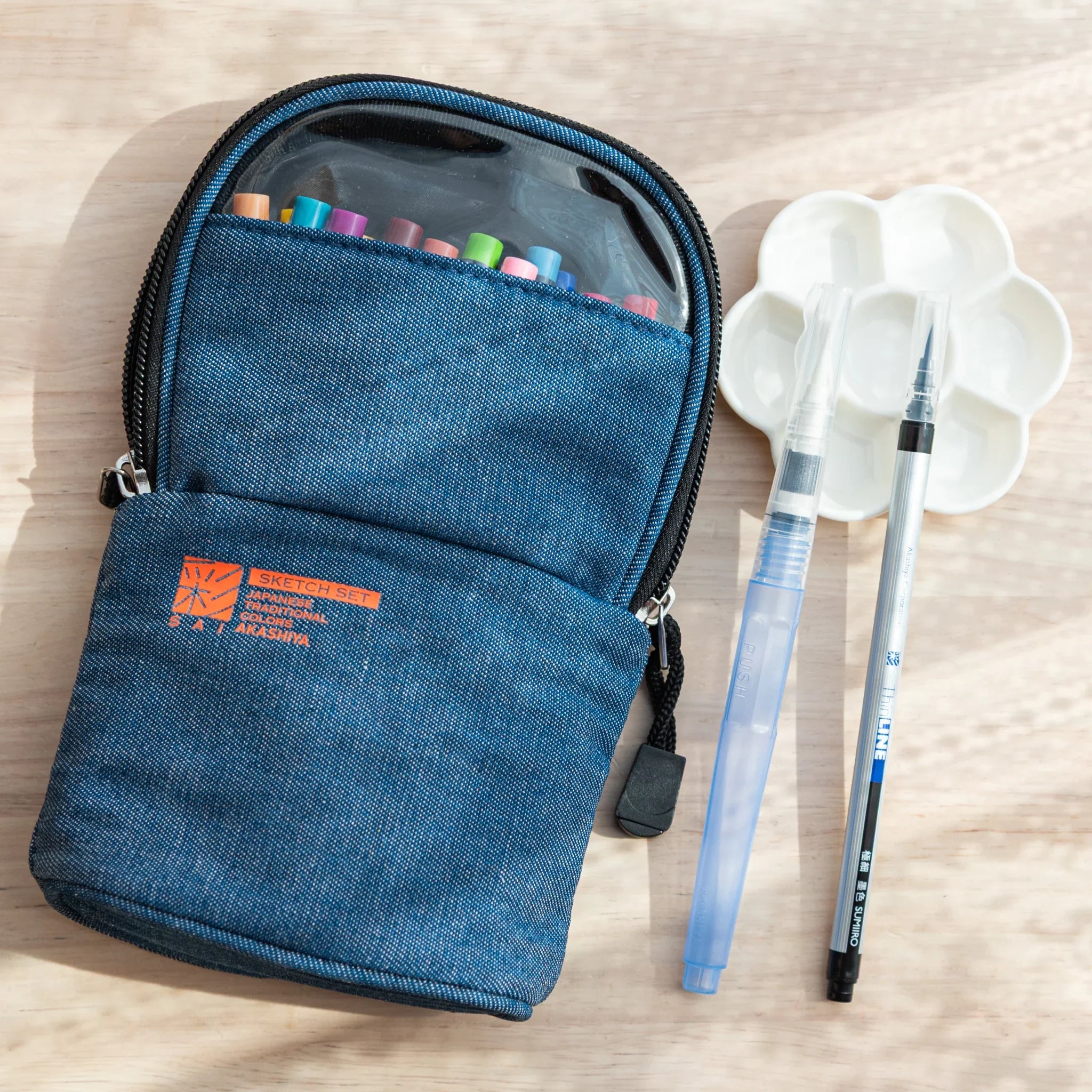 Akashiya Sai Sketch Set with Brush Pens and Denim Case
