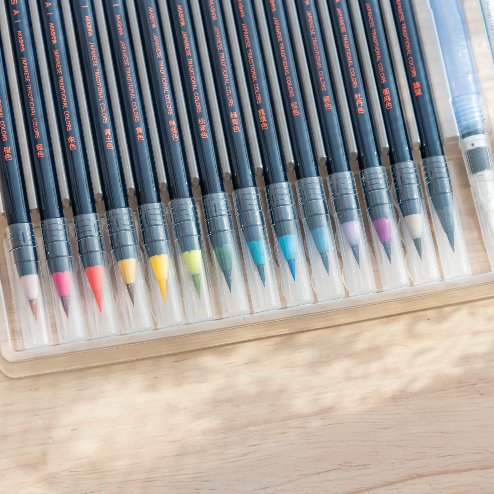 Akashiya Sai Watercolor Brush Pens - Japanese Traditional Colors: Modern Calligraphy (15 Colors), top-down perspective with d