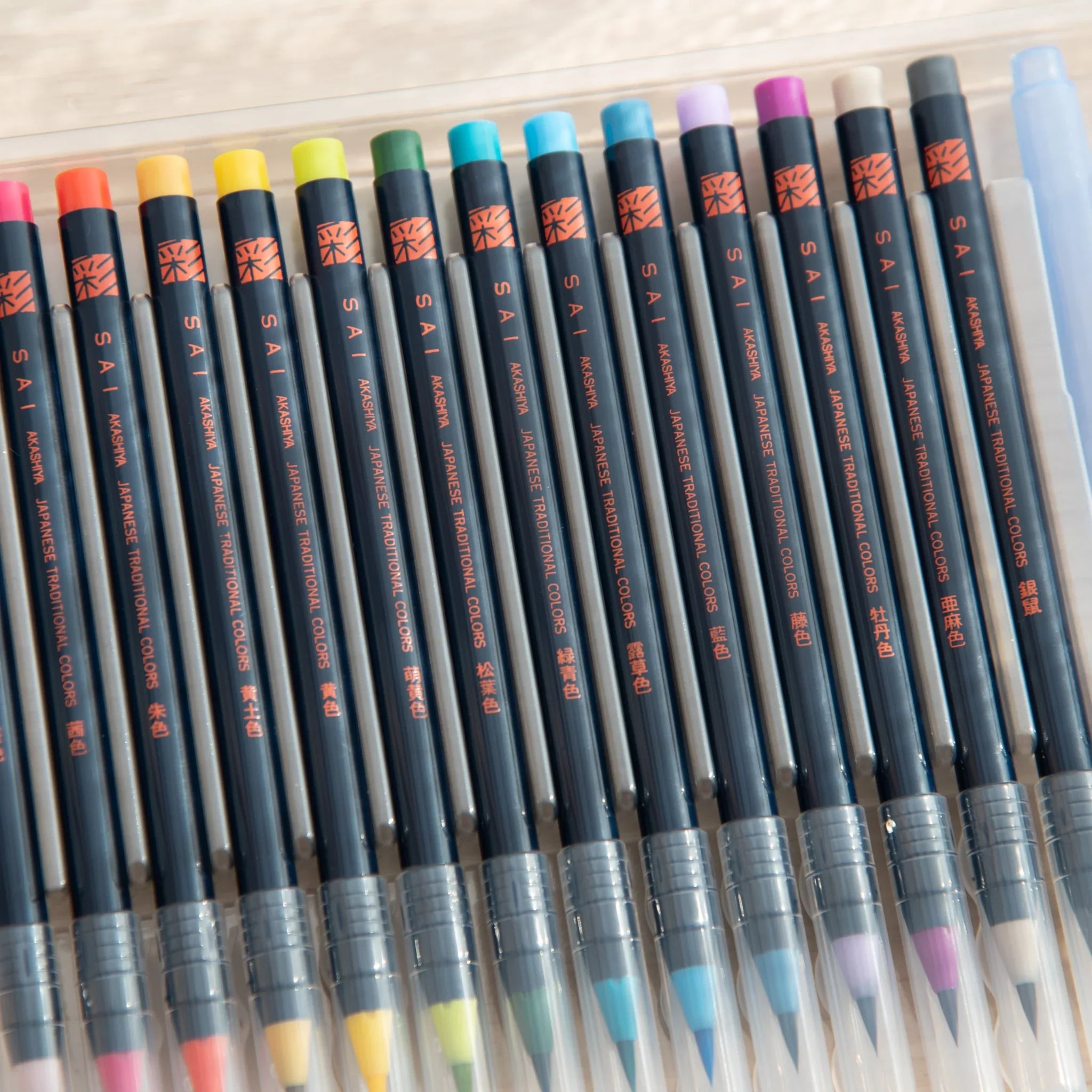 Akashiya Sai Watercolor Brush Pens - Japanese Traditional Colors: Modern Calligraphy (15 Colors), side profile view of produc