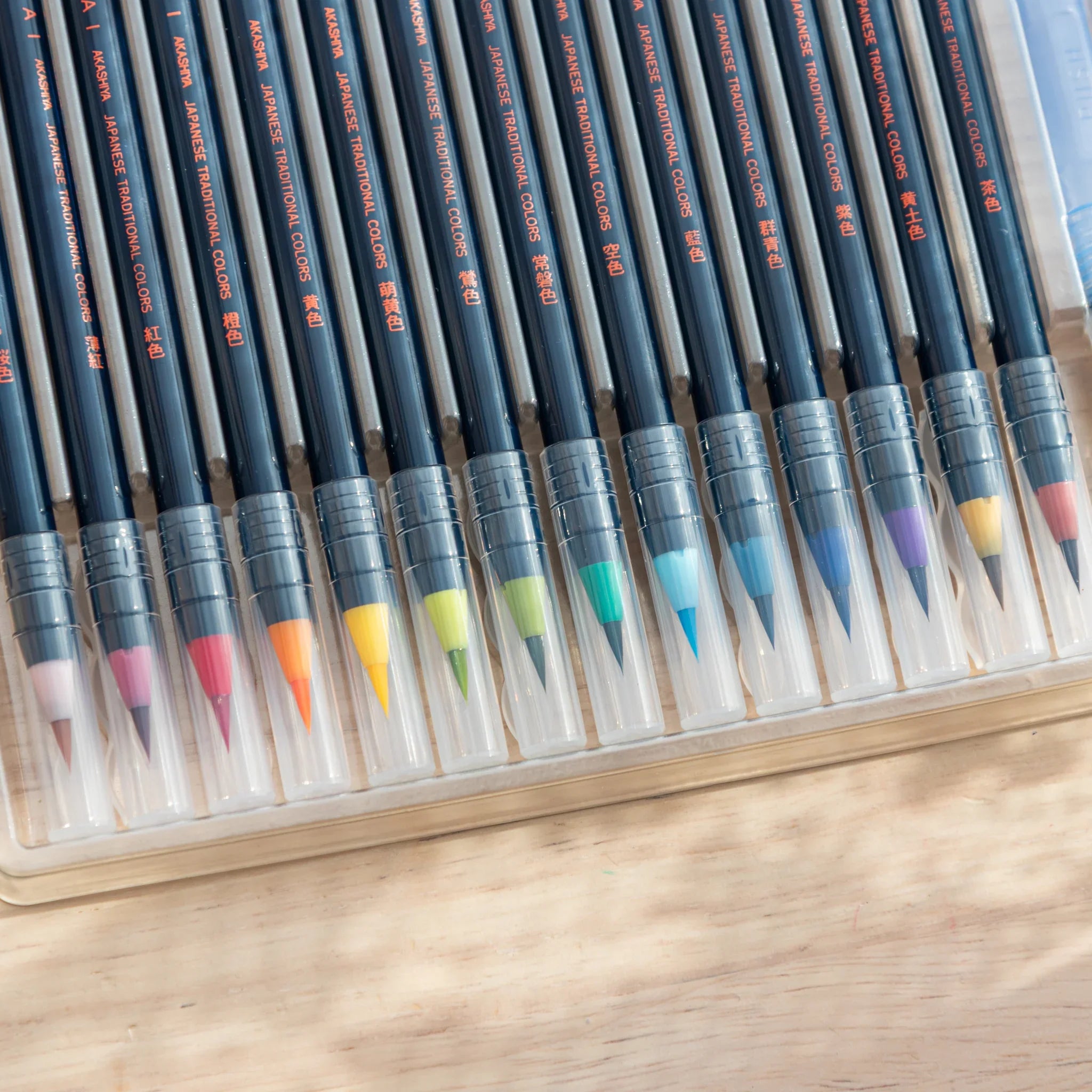 Akashiya Sai Watercolor Brush Pens - Japanese Traditional Colors: Red Fuji (15 Colors), top-down perspective with detail