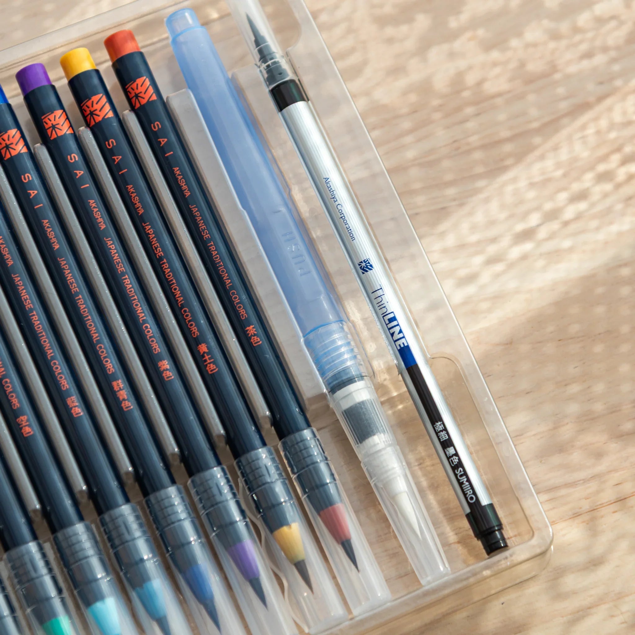 Akashiya Sai Watercolor Brush Pens - Japanese Traditional Colors: Red Fuji (15 Colors), front-facing angle showing finish