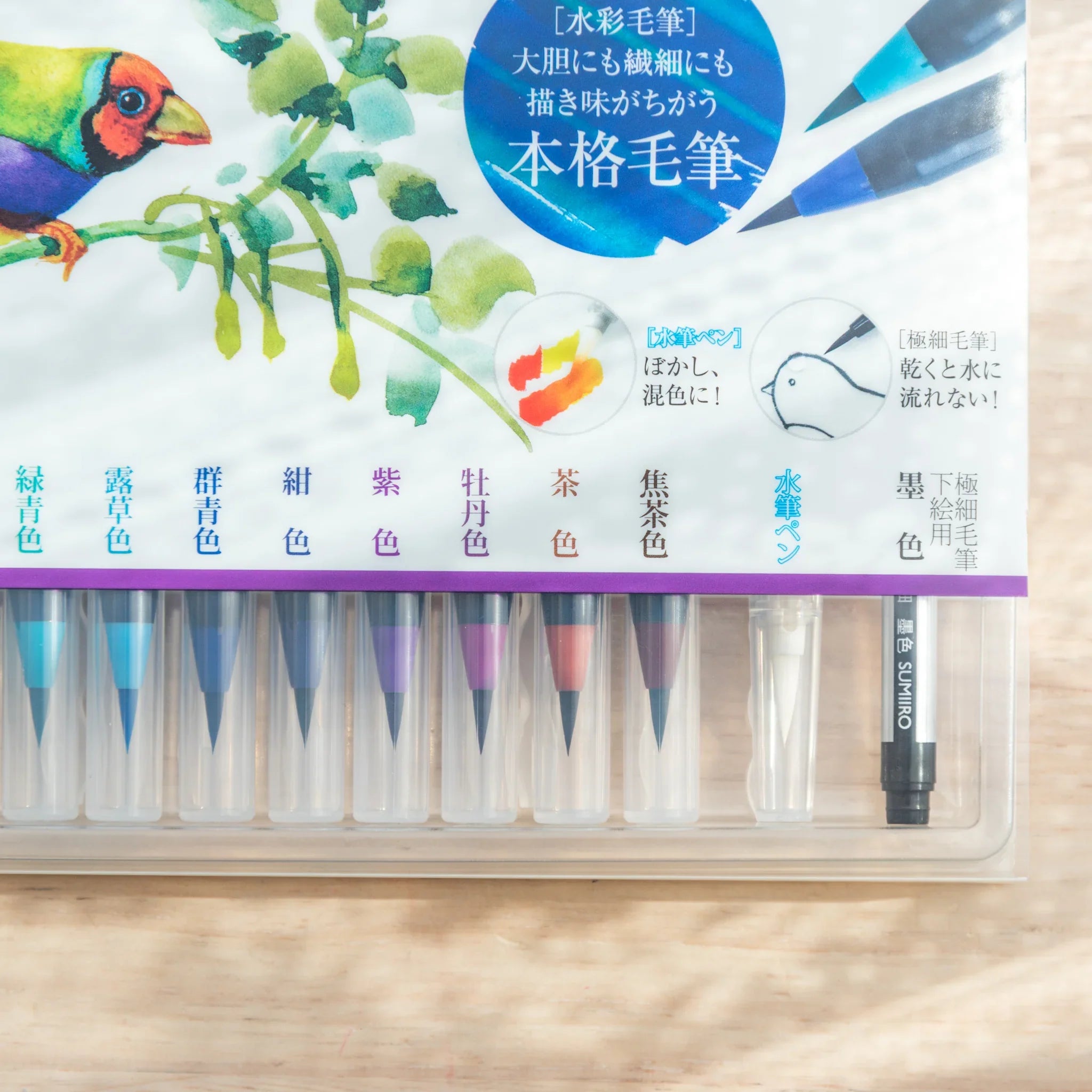 Akashiya Sai Watercolor Brush Pens - Vivid Japanese Traditional Colors (15 Colors), overhead shot of entire product