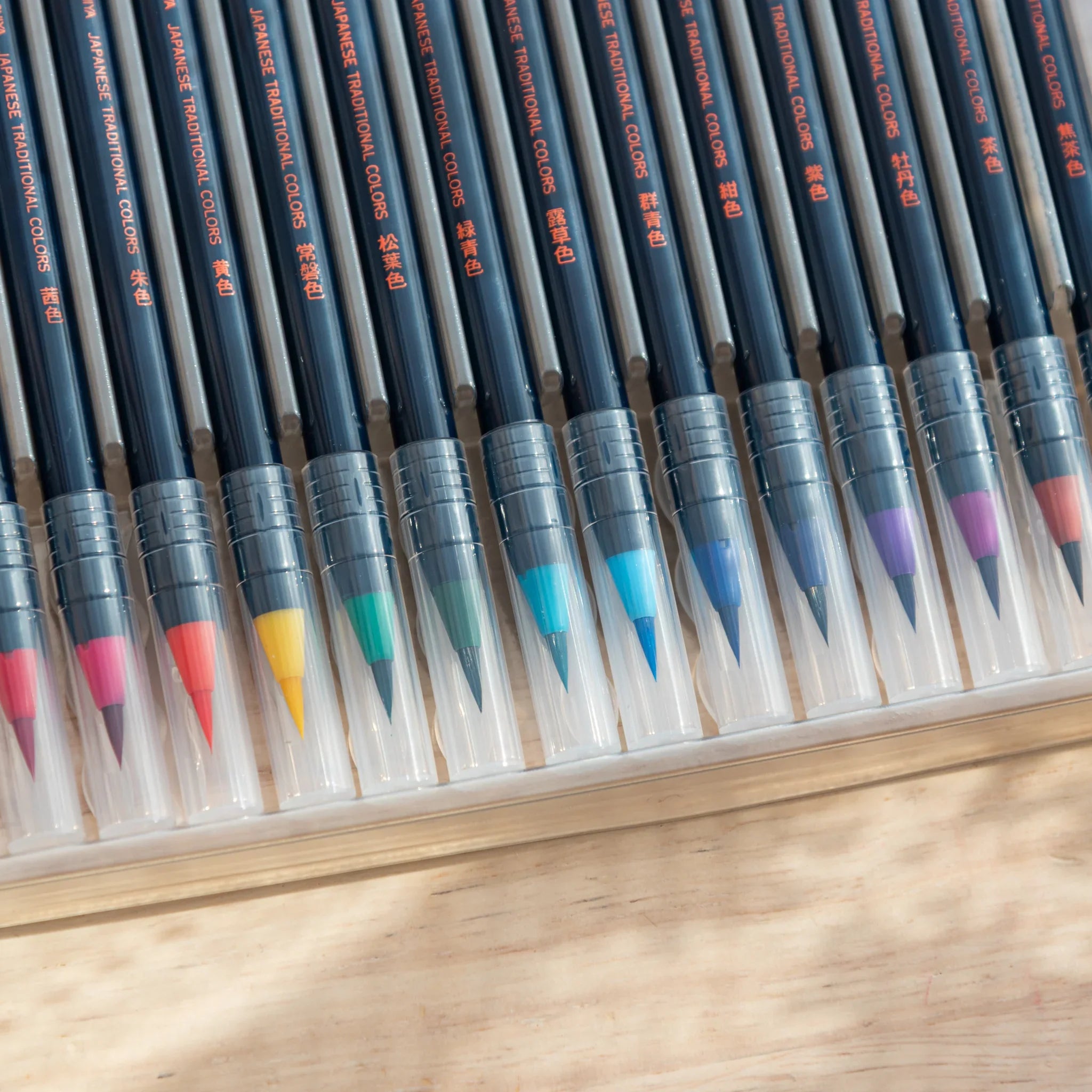 Akashiya Sai Watercolor Brush Pens - Vivid Japanese Traditional Colors (15 Colors), top-down perspective with detail
