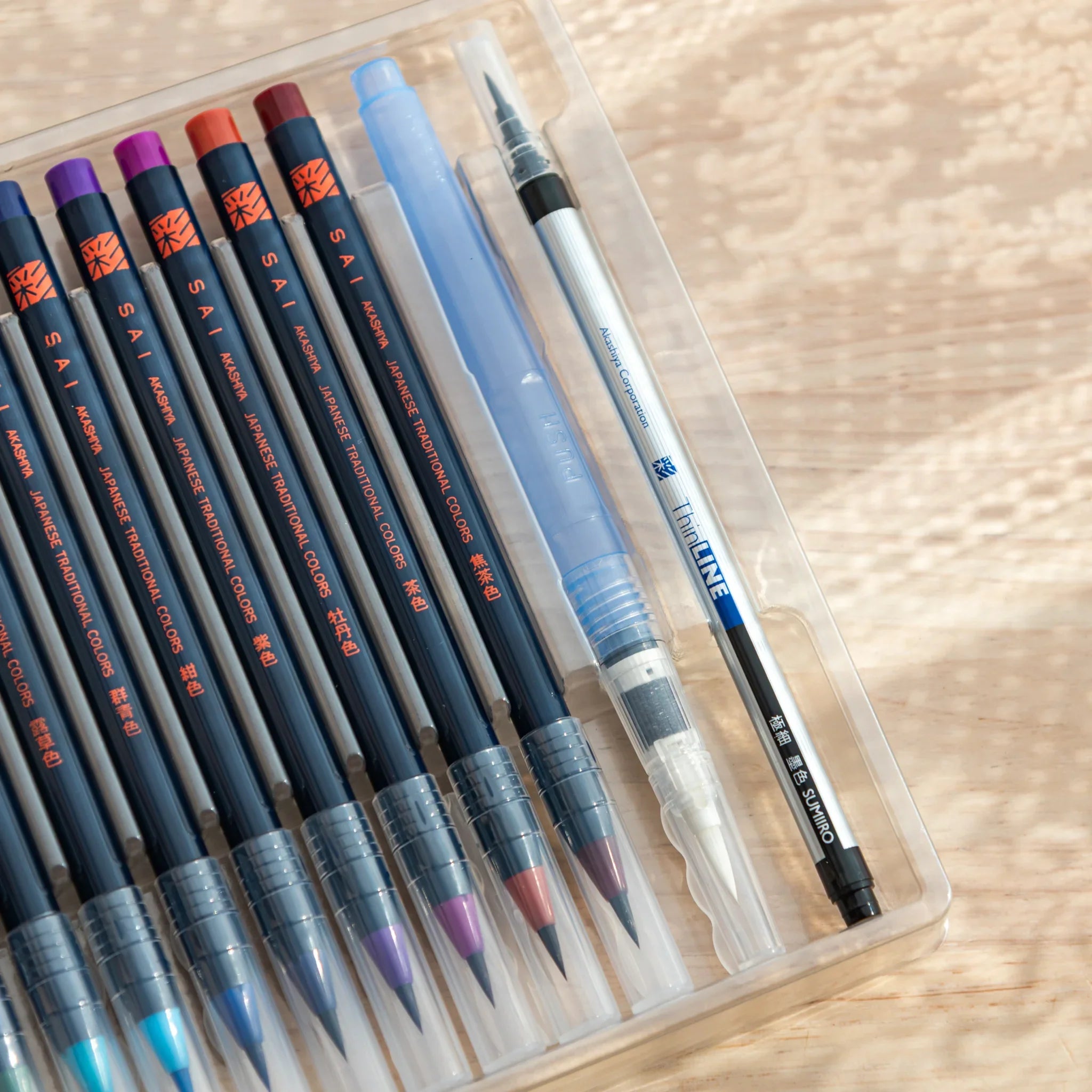 Akashiya Sai Watercolor Brush Pens - Vivid Japanese Traditional Colors (15 Colors), front-facing angle showing finish