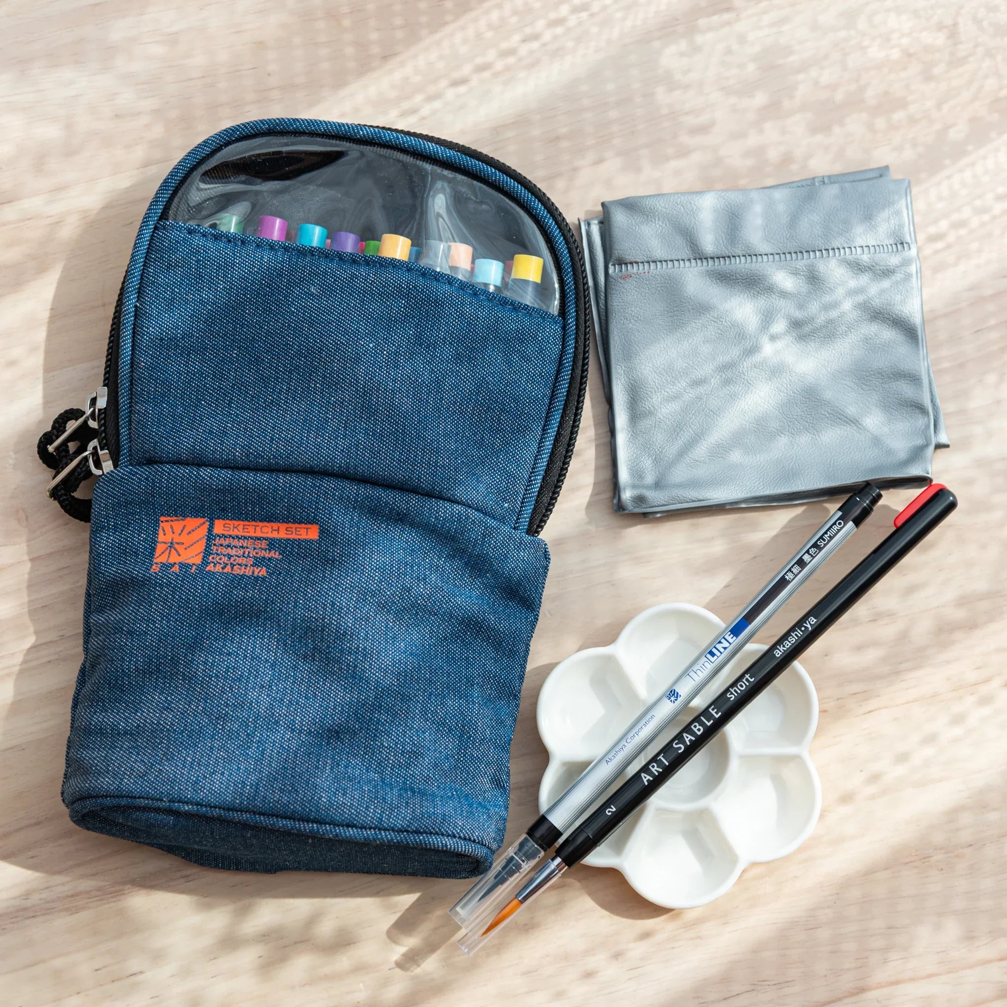 Akashiya Sai Watercolor Kit with Folding Water Cup and Denim Case