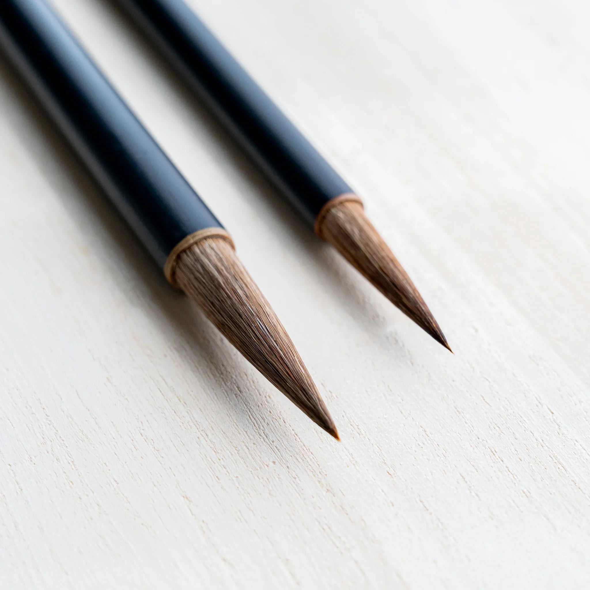 Akashiya Tsuketate brushes held in hand to show scale and balance