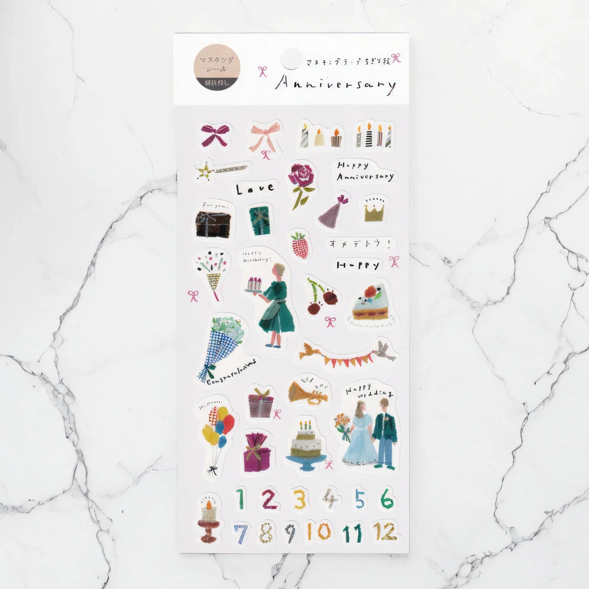 Japanese sticker sheet with anniversary and celebration illustrations showing festive designs on light background