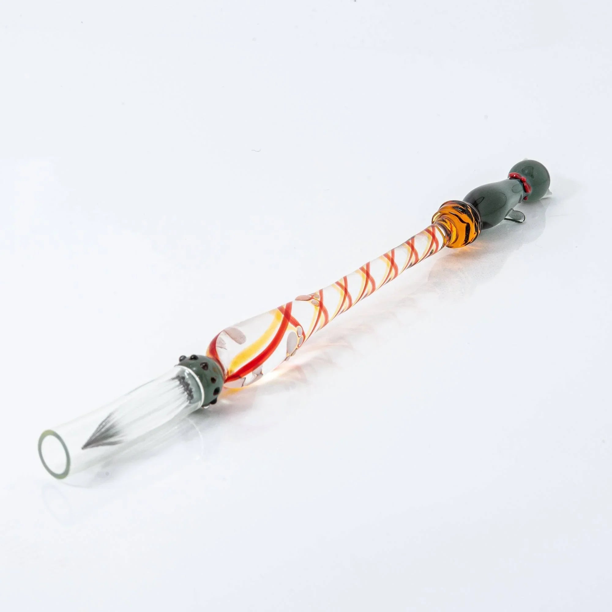 Black Nyanko cat glass dip pen full composition with dark green cat sitting on colorful spiral handle