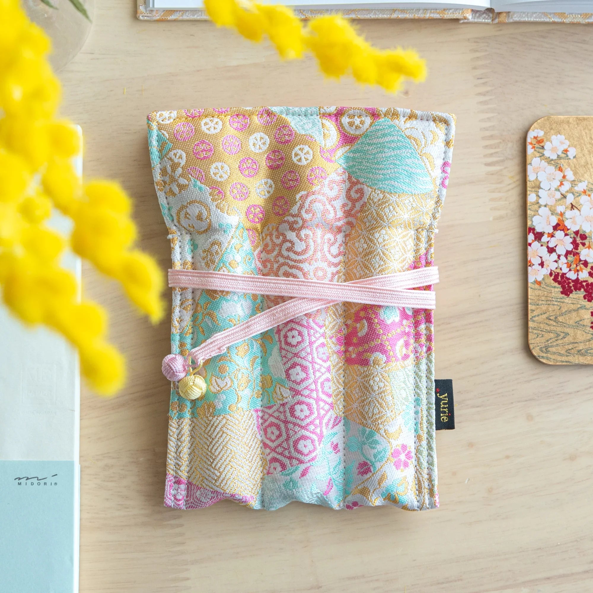 Blooming Patchwork Nishijin Silk Fountain Pen Case - Triple Slot - yurie, front view with product styling