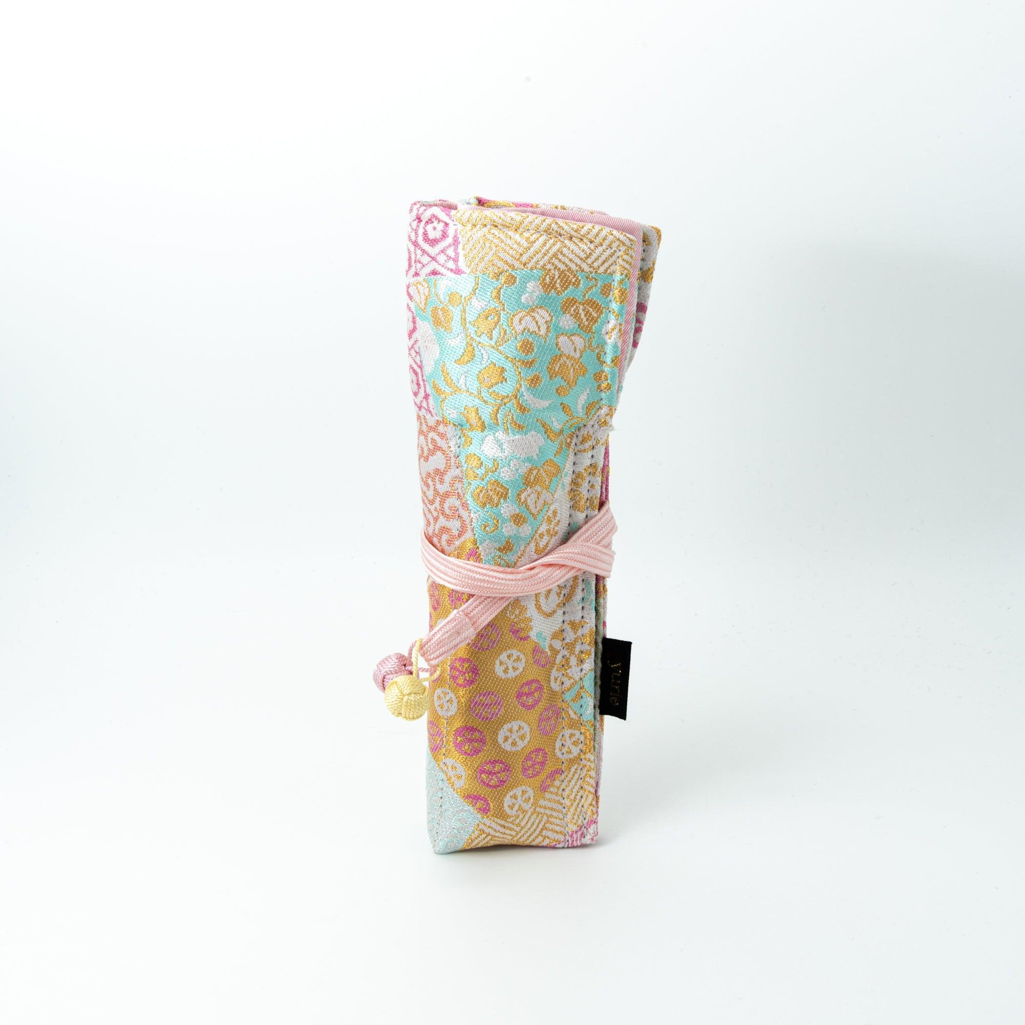 Blooming Patchwork Nishijin Silk Fountain Pen Case - Triple Slot - yurie, complete product display layout