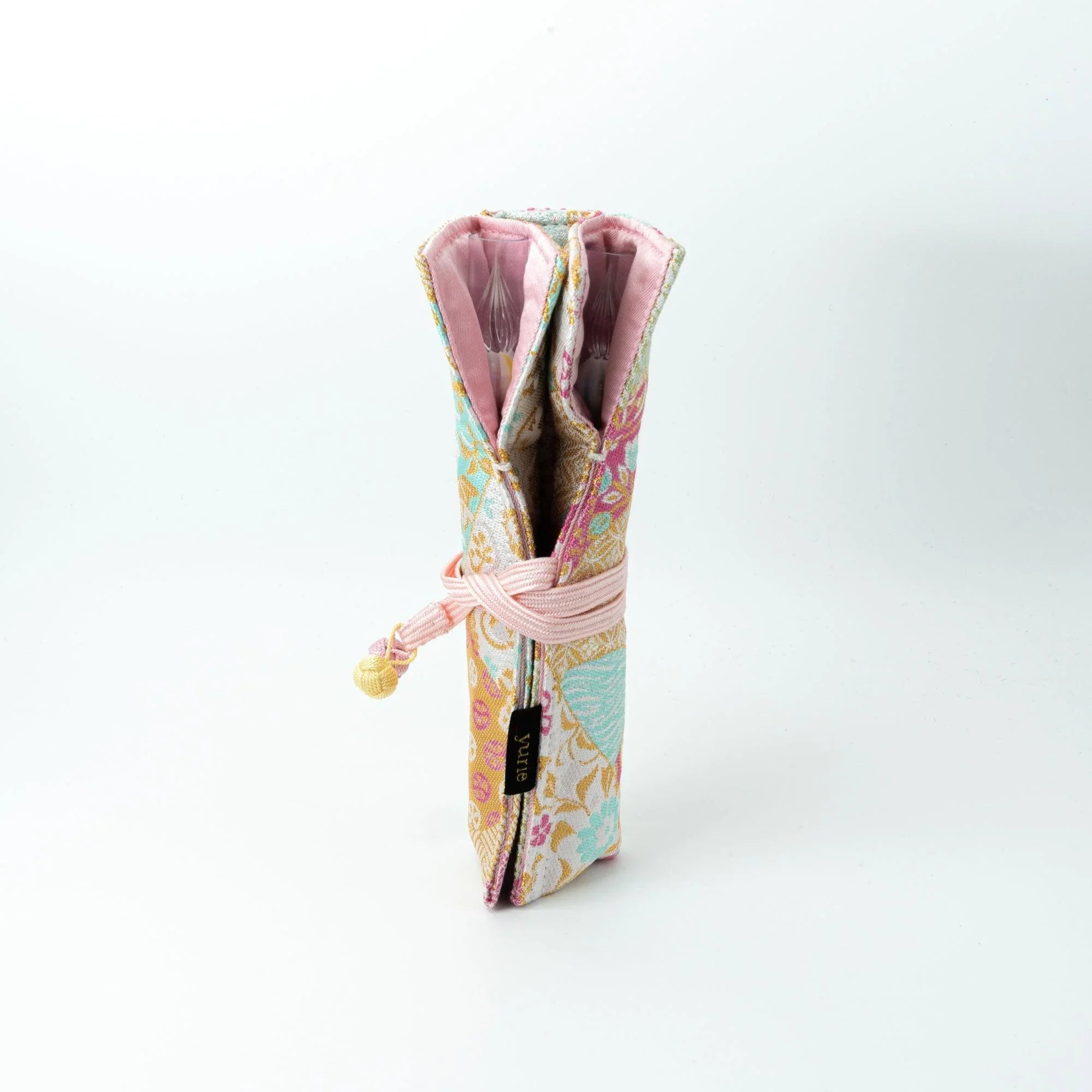 Blooming Patchwork Nishijin Silk Fountain Pen Case - Triple Slot - yurie, overhead shot of entire product