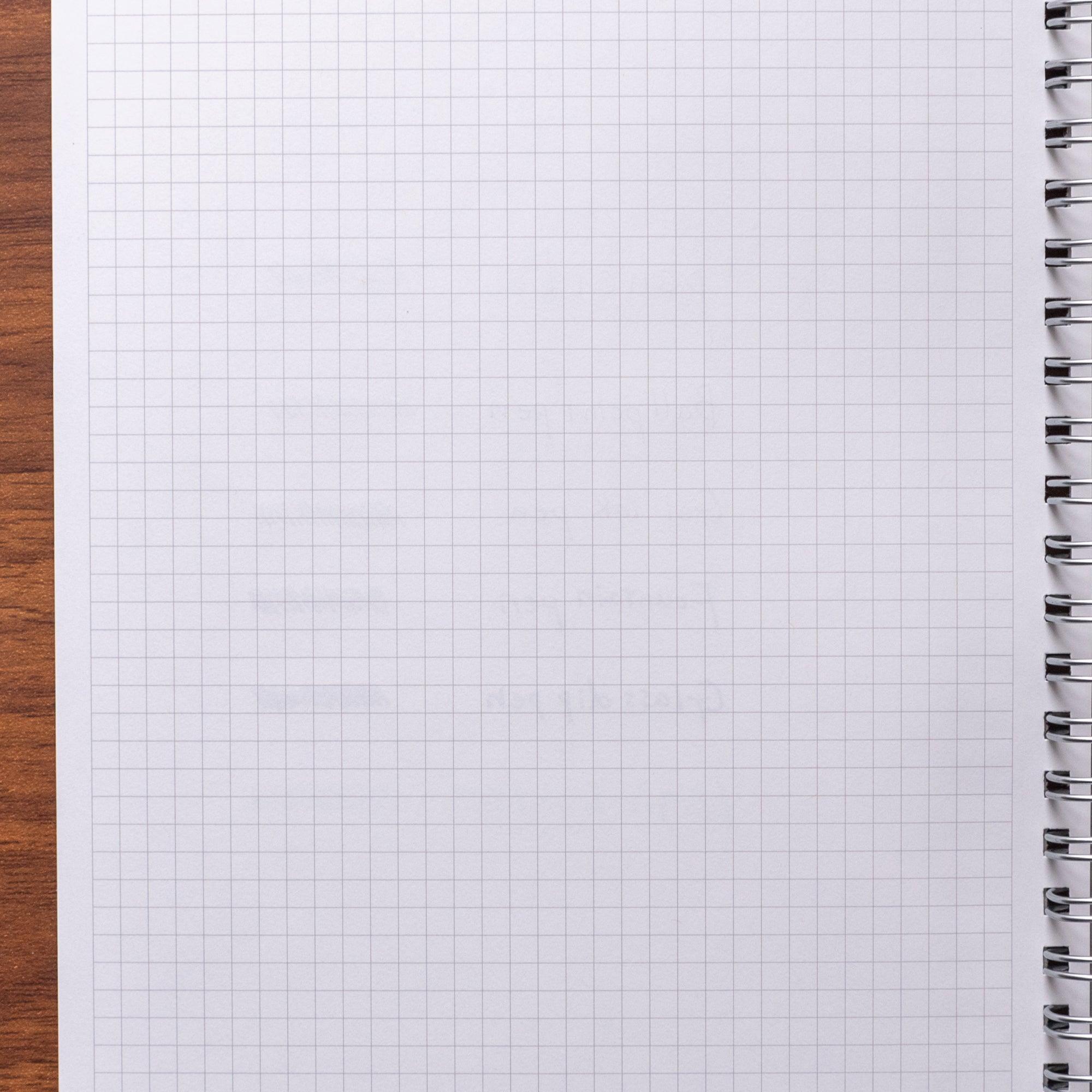 Japanese notebook with grid paper, showing the reverse side of a written page to demonstrate ink bleed-through and paper quality.