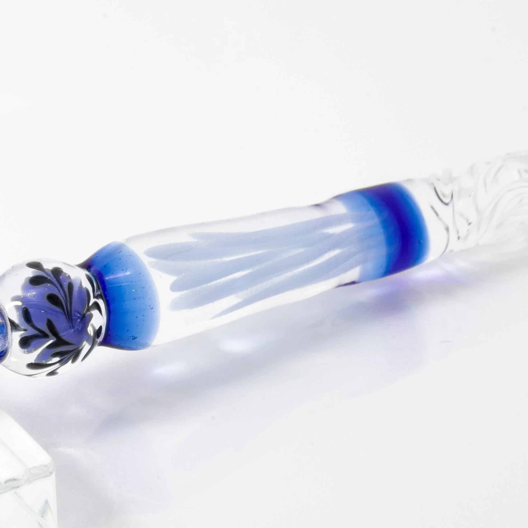 Close-up of Blue Rose Glass Dip Pen barrel showing detailed preserved blue rose flowers encased in clear glass