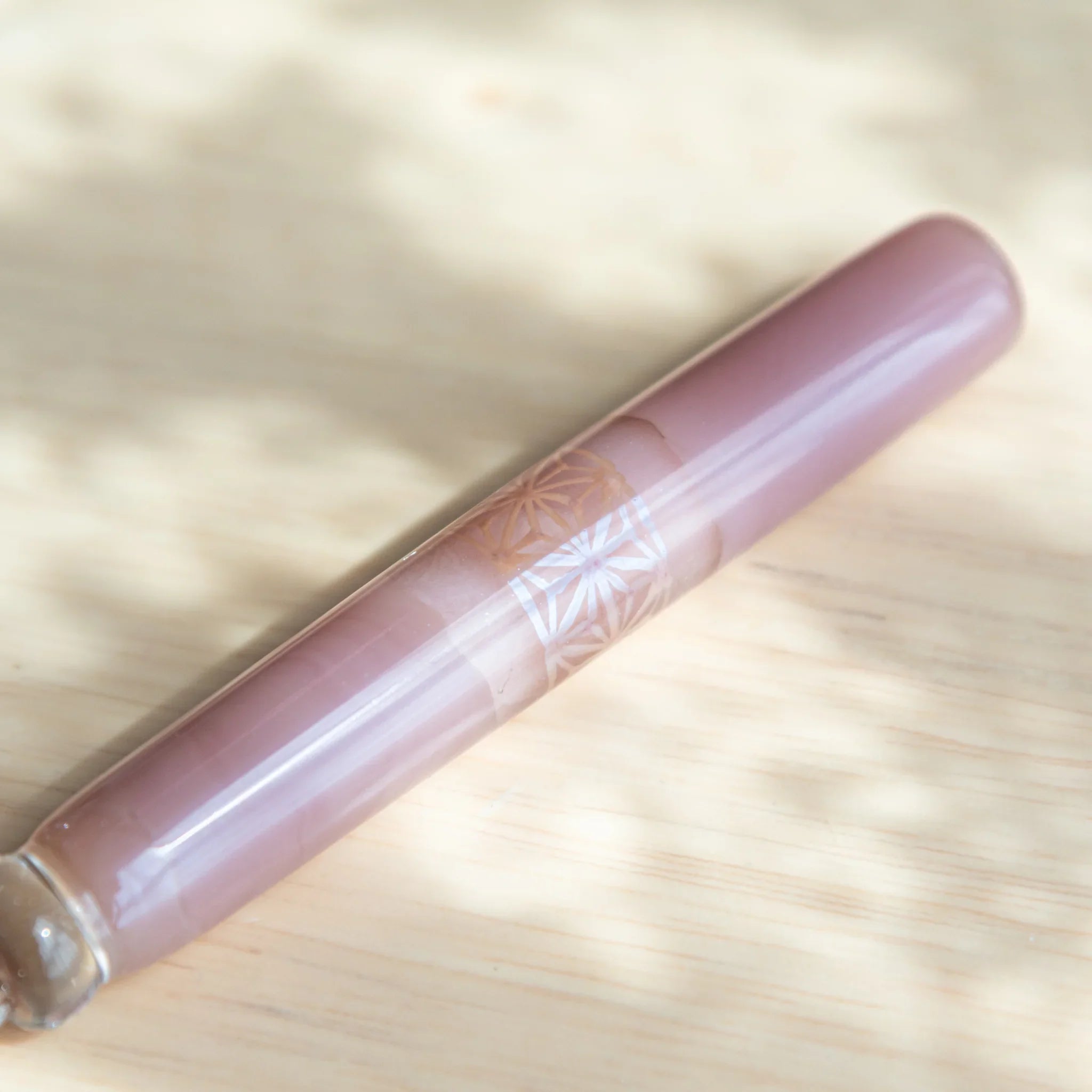 Blush pink Hemp Leaves glass dip pen detail showing asa no ha hemp leaf traditional Japanese geometric pattern band