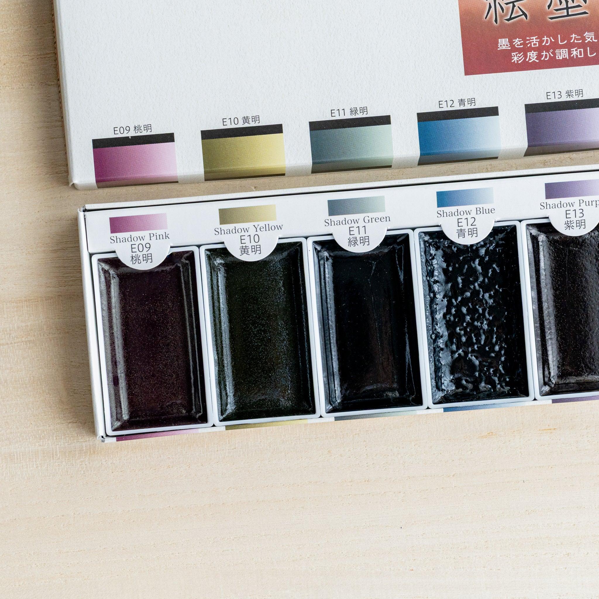 Close-up left half of open Bright Colors sumi ink watercolor box showing five colored pans labeled E09 to E13