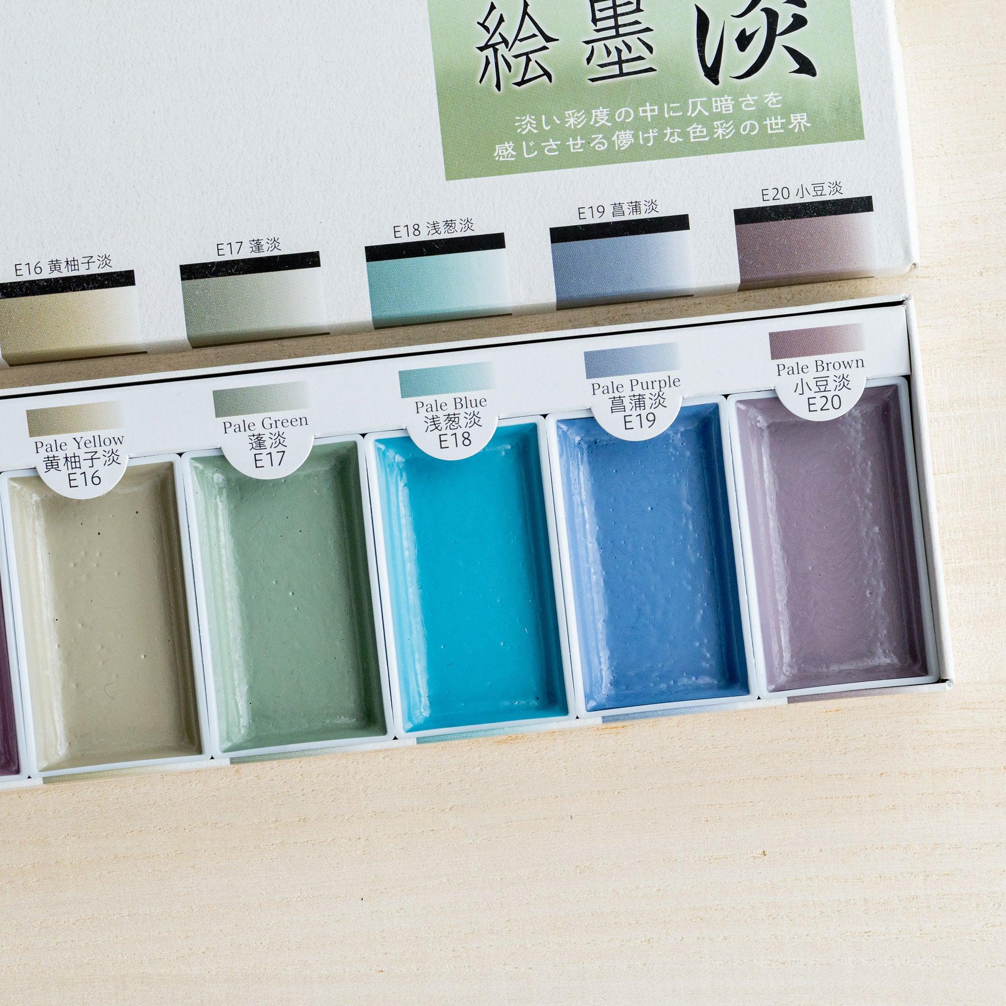 Close-up right half of open Pastel Colors sumi ink watercolor box showing five soft pastel pans labeled E16 to E20