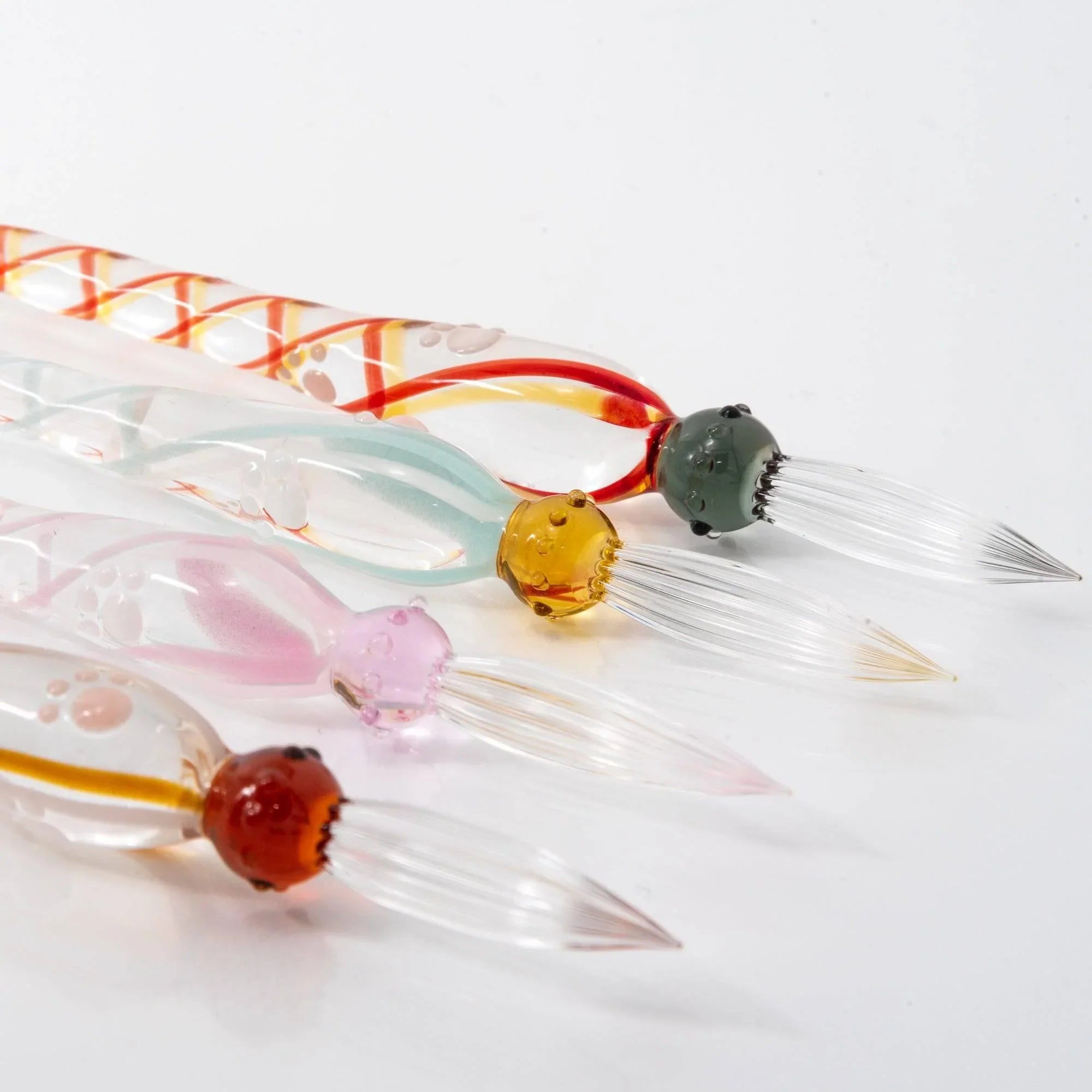 Brown Tabby Nyanko glass dip pen with layered amber and caramel striped pattern and cute cat head character detail