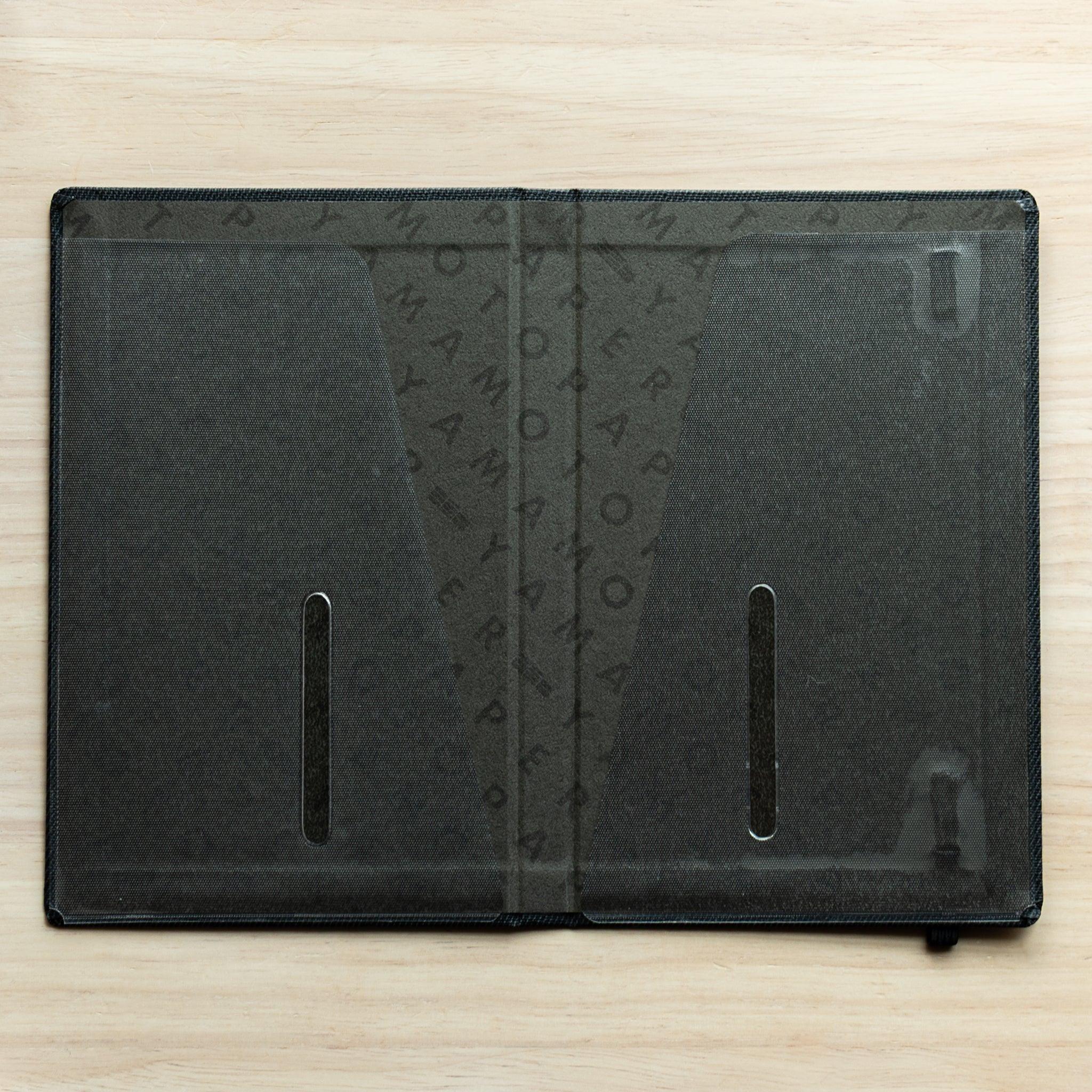 Bullet Jotter black gabardine cover open and empty, two clear pockets with slot tabs, Yamamoto Paper patterned lining