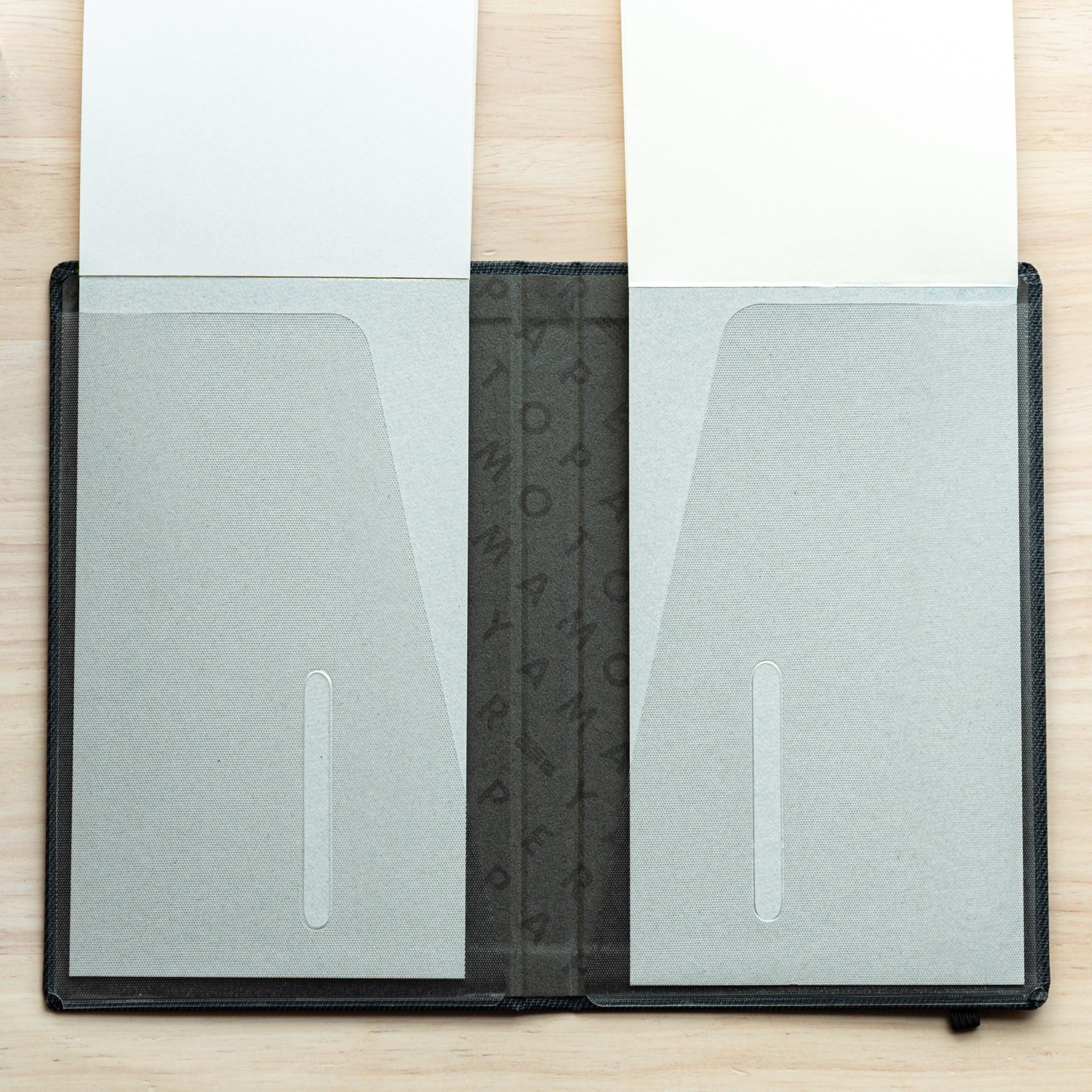 Bullet Jotter black gabardine cover open, two pads inserted in clear pockets, pad back boards and blank pages visible above