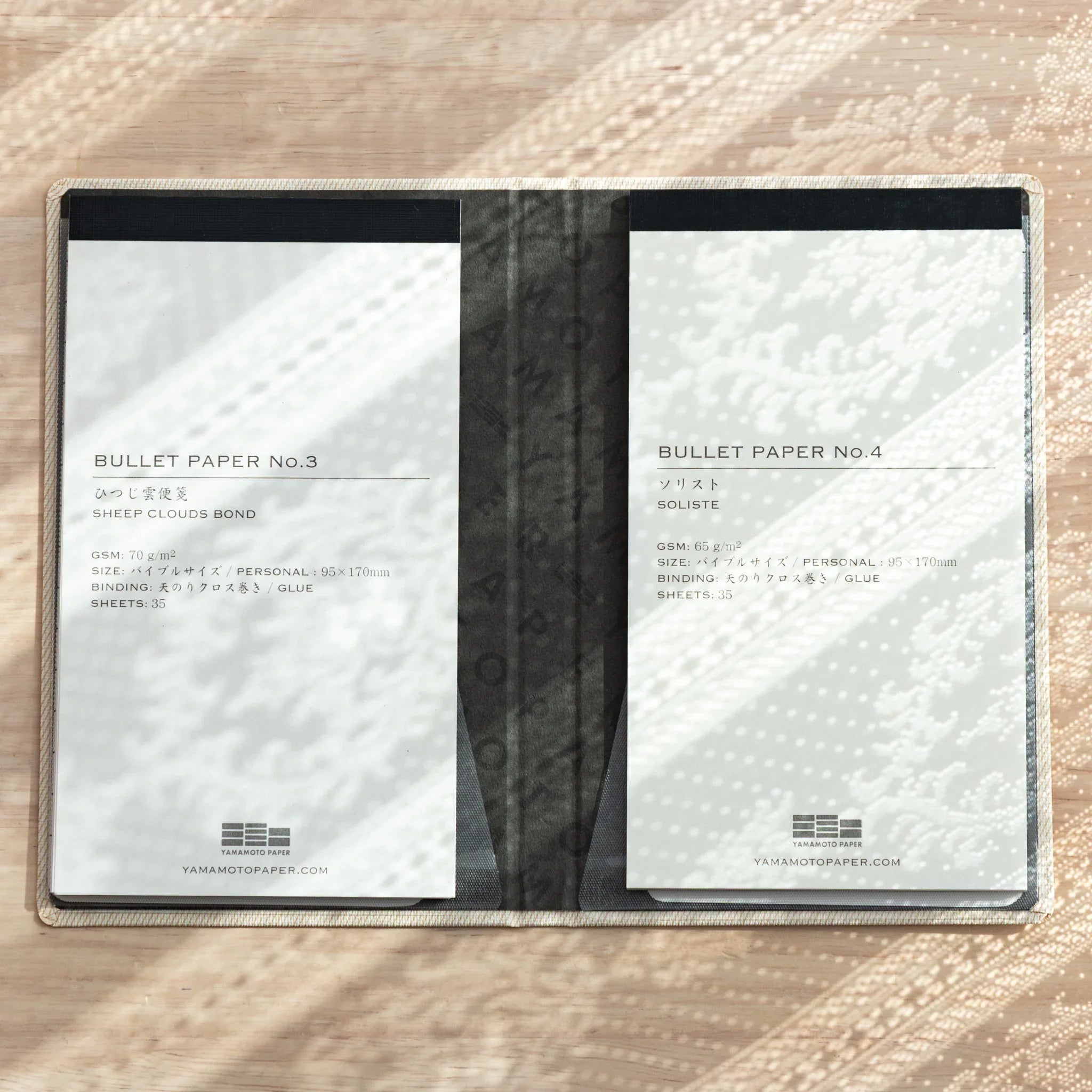 Bullet Jotter ivory white cover open, both pads inside: No.3 Sheep Clouds Bond left, No.4 Soliste right, back labels showing