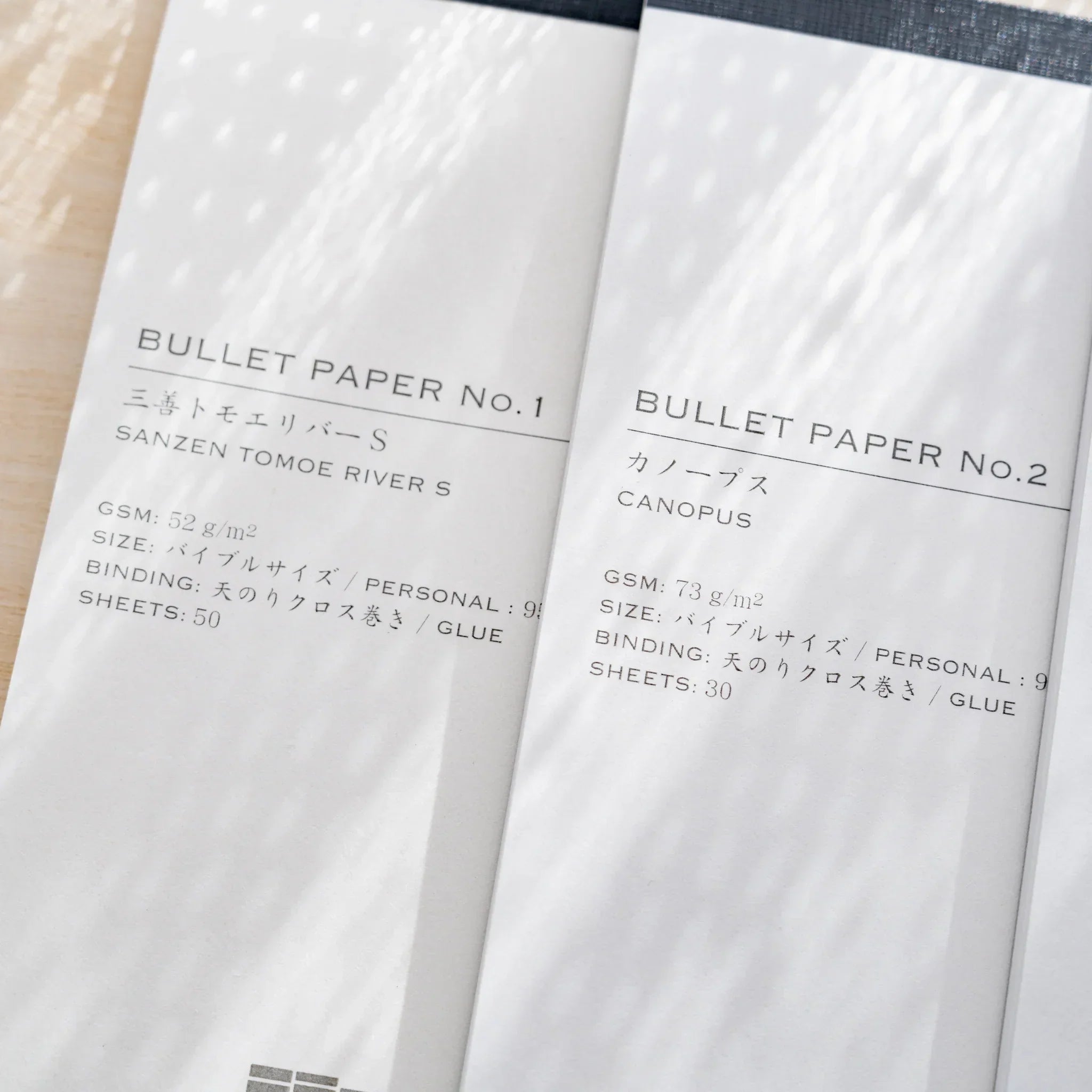 Close-up of Yamamoto Paper Bullet Paper No.1 Sanzen Tomoe River S and No.2 Canopus paper notepad covers.