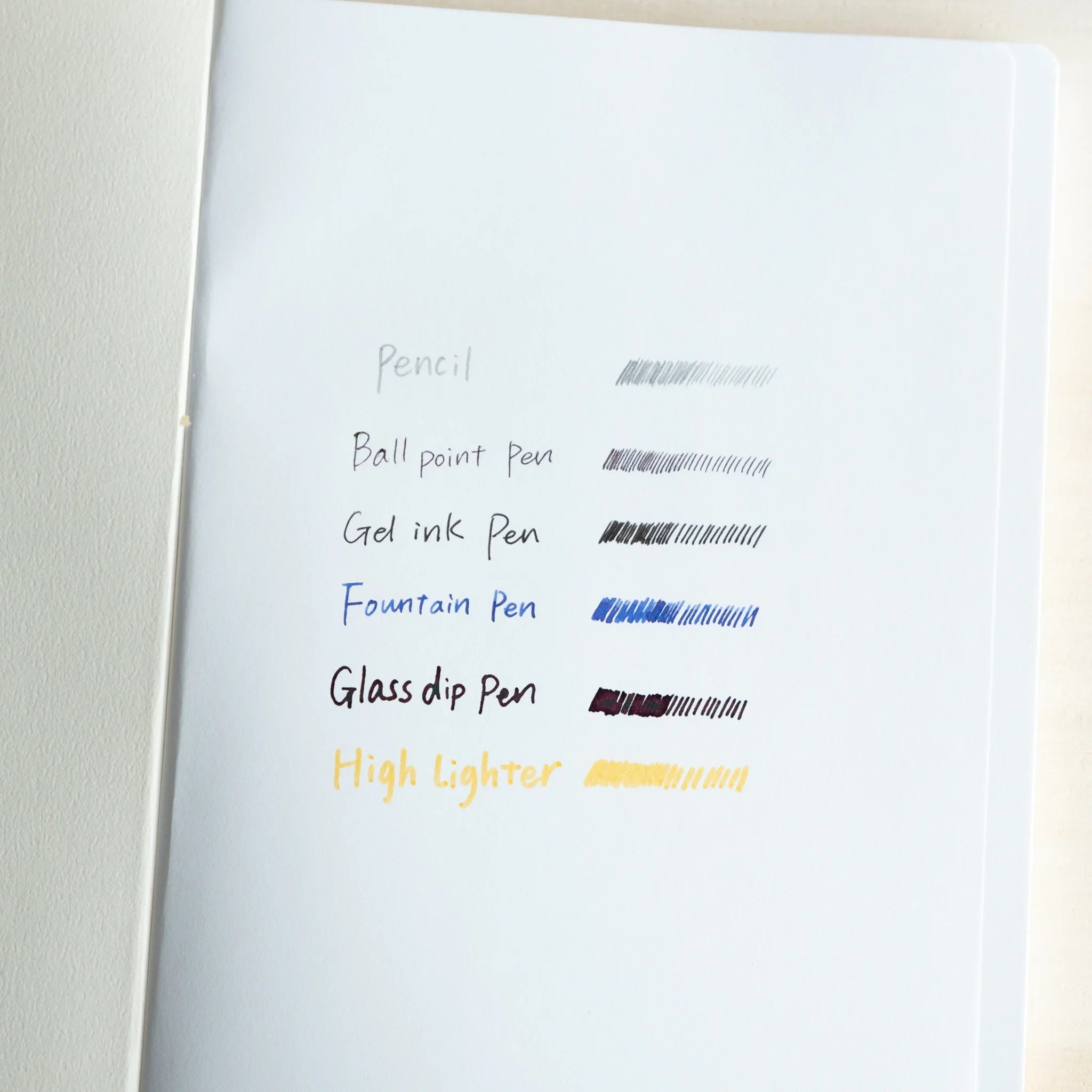 Bleed-through test of CANOPUS Japanese notebook showing fountain pen, glass dip pen, and other writing samples on white paper