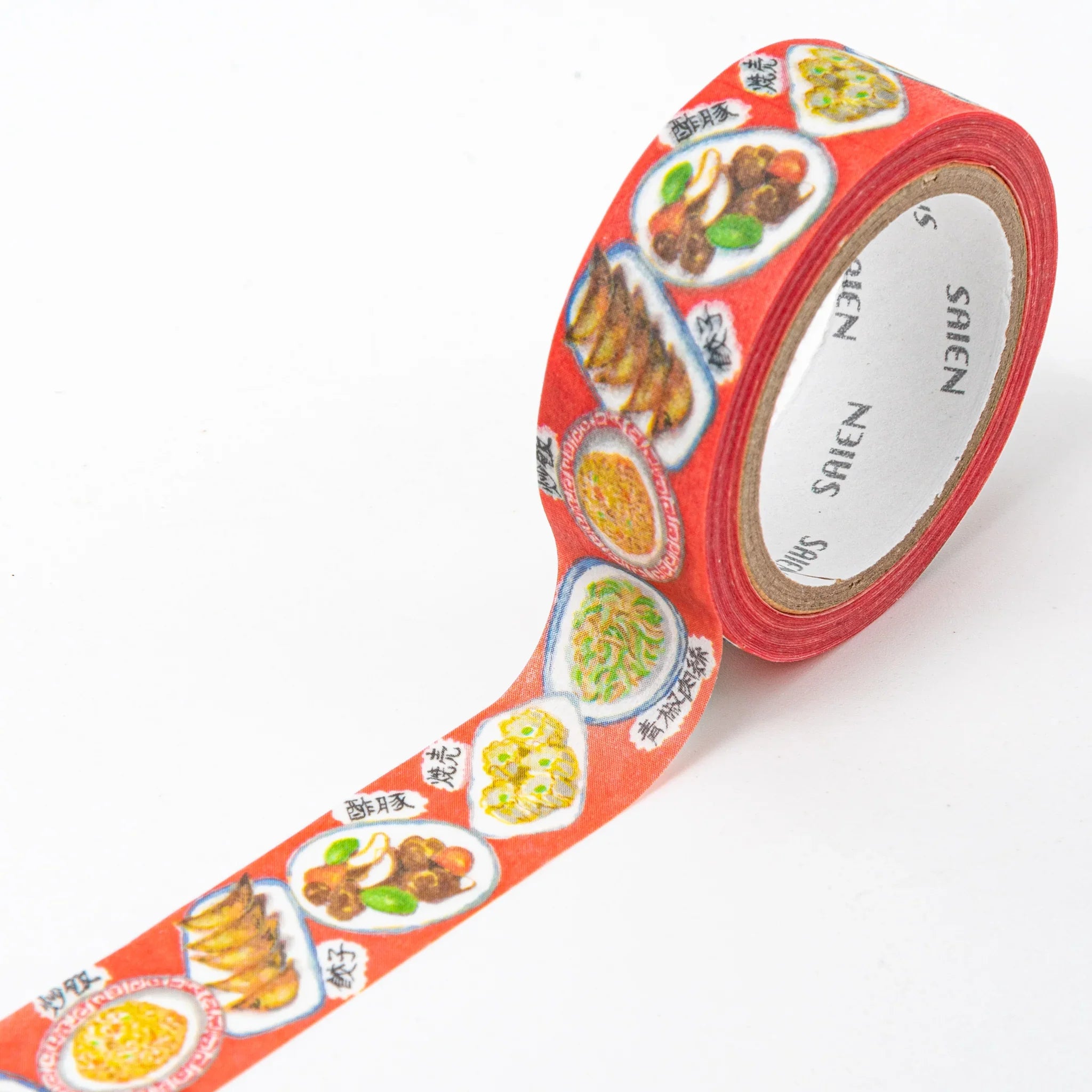Red Chinese Food Iyo washi tape unrolled showing noodle bowl dumpling cuisine blue oval frame designs partially unrolled