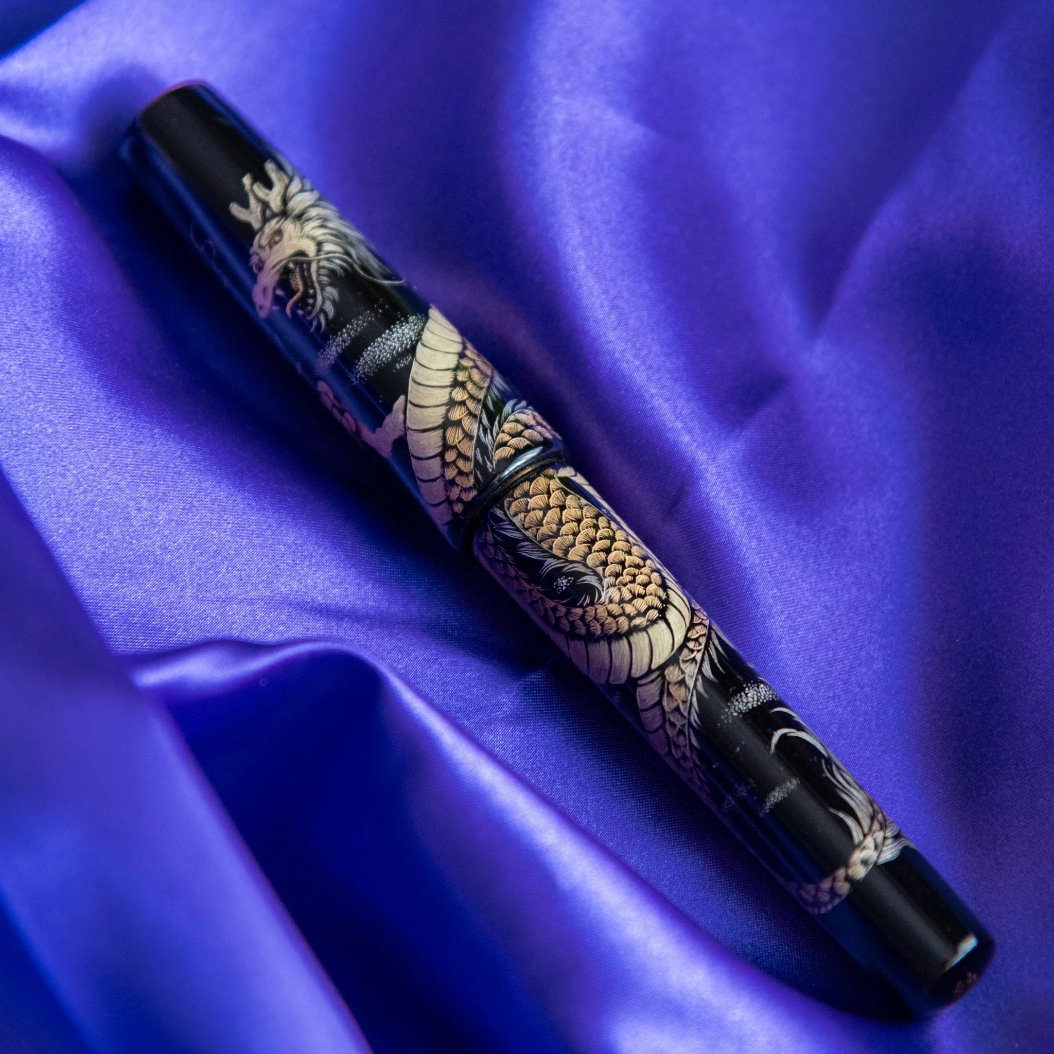 Full length view of Chinkin Dragon fountain pen with cap uncapped showing size and design showing product quality and desi