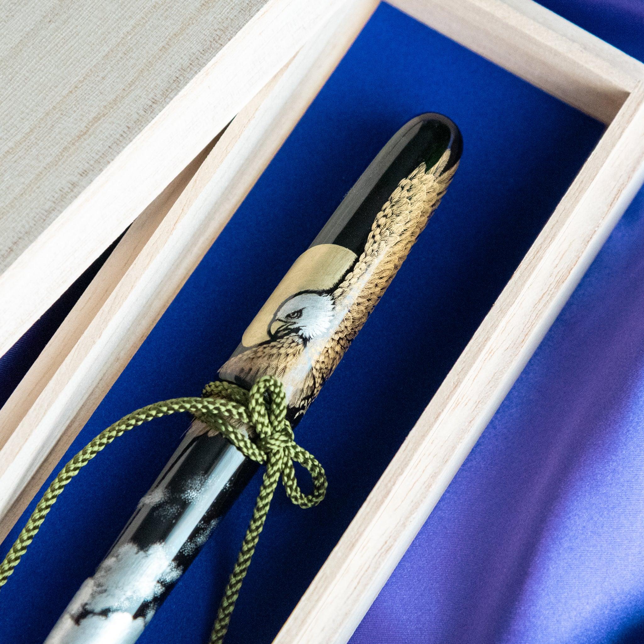 Chinkin Hawk pen showing gold chinkin hawk design on black lacquered barrel showing product quality and design details