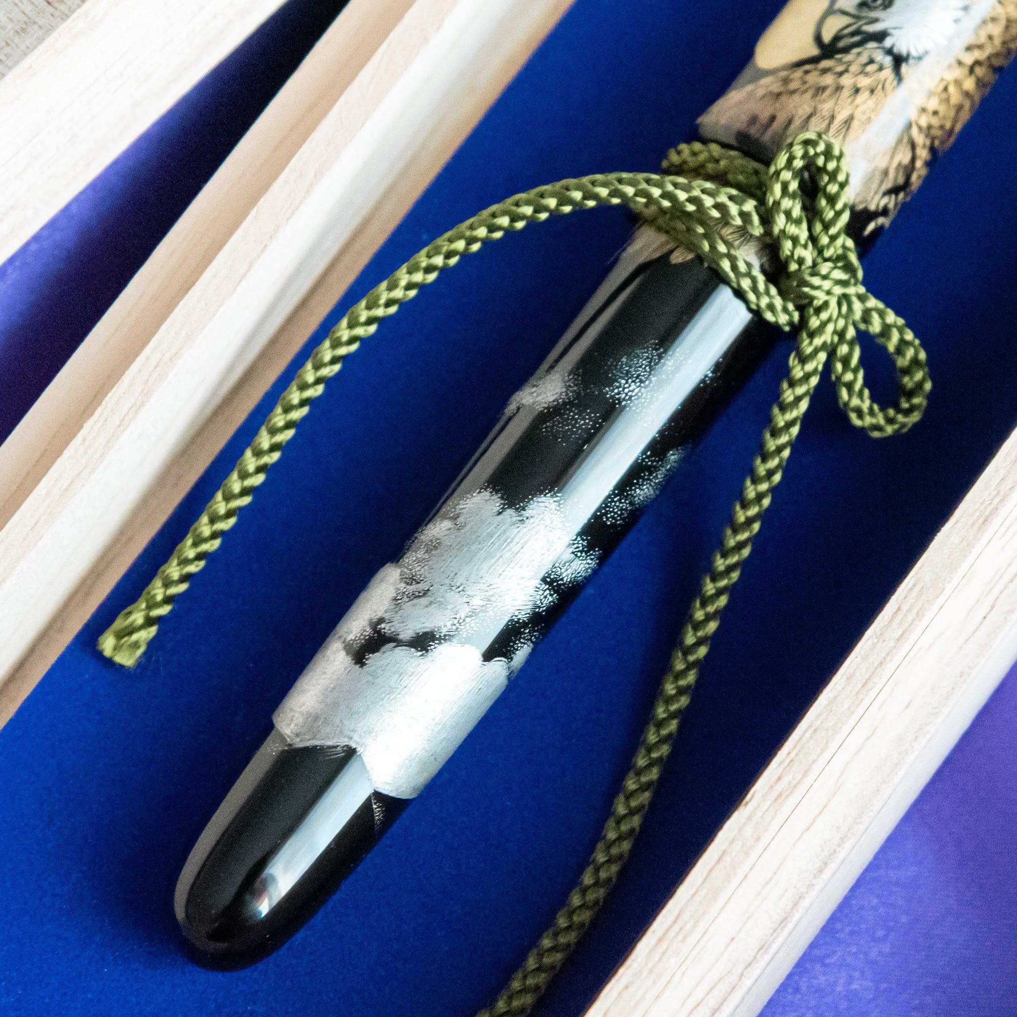 Wooden presentation box for Chinkin Hawk fountain pen on colored fabric background showing product quality and design details