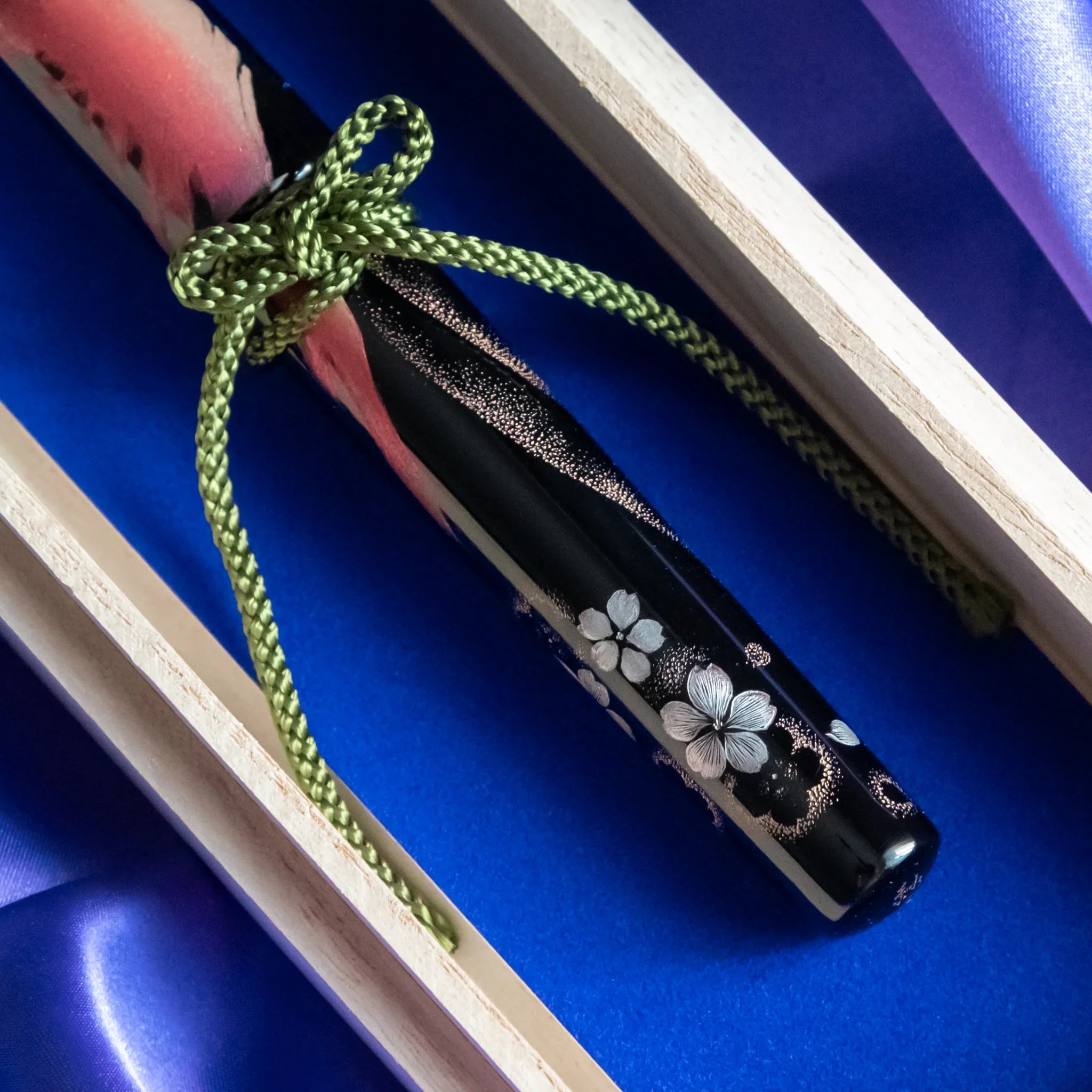 Wooden presentation box for Chinkin Sakura and Fuji fountain pen with blue silk showing product quality and design details