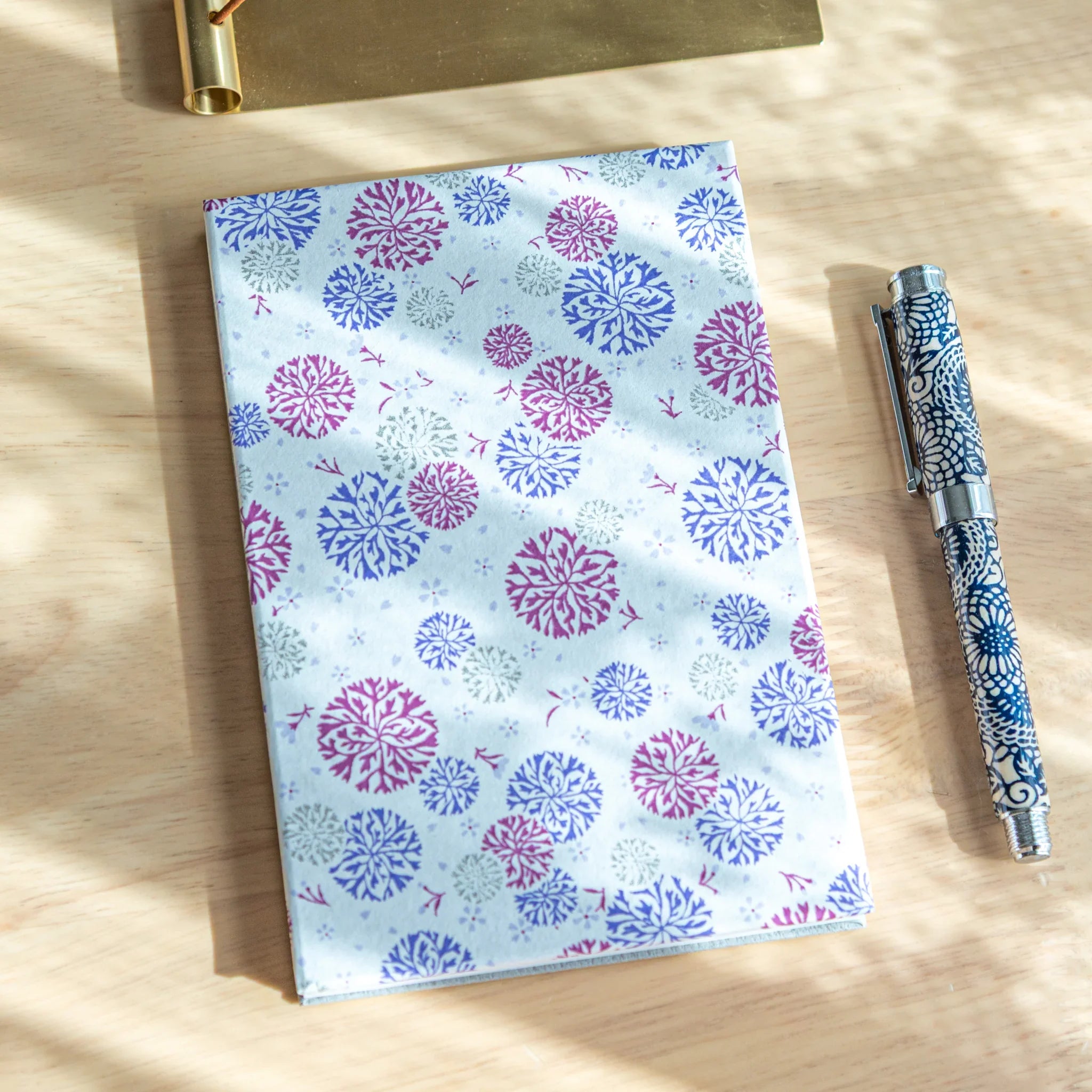 Chrysanthemum Harmony washi goshuincho stamp book with light purple cover featuring green and gold chrysanthemum flowers