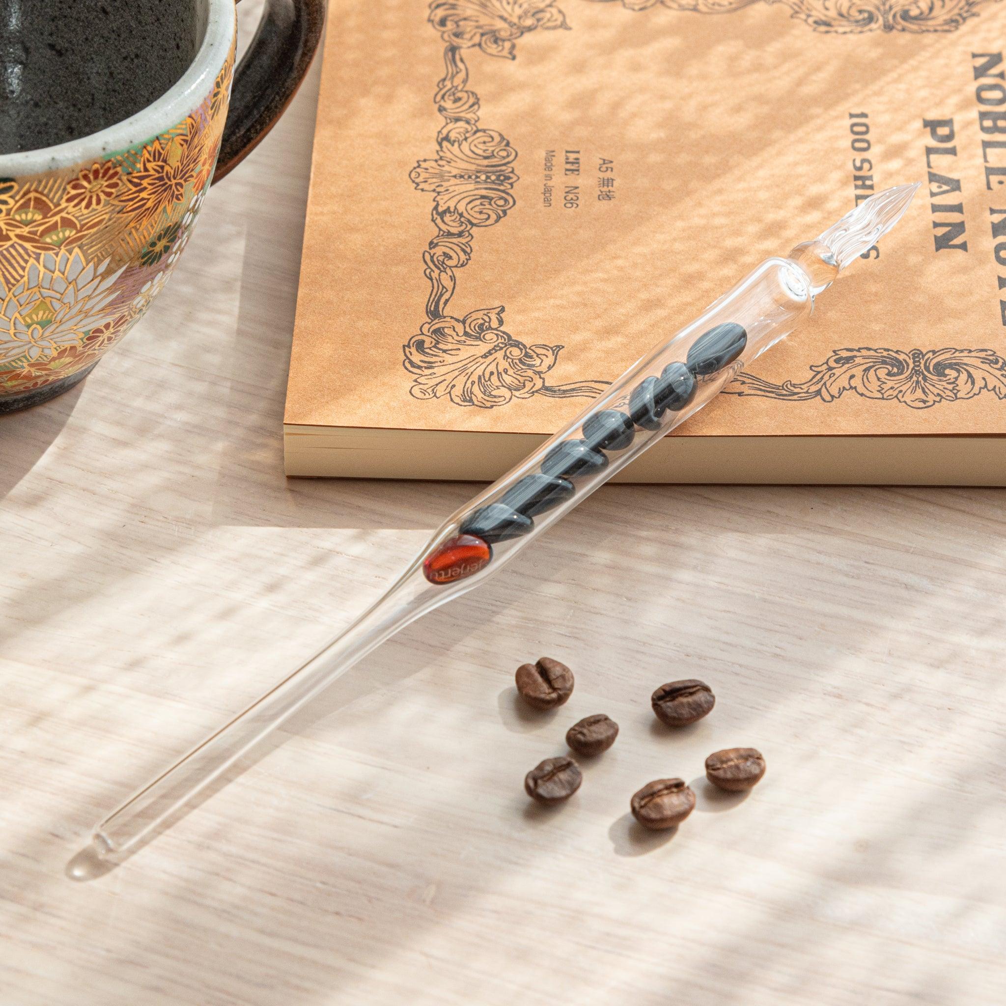 City Roast Coffee Beans Glass Dip Pen aerial view showing complete pen with coffee bean decorated glass body and metal