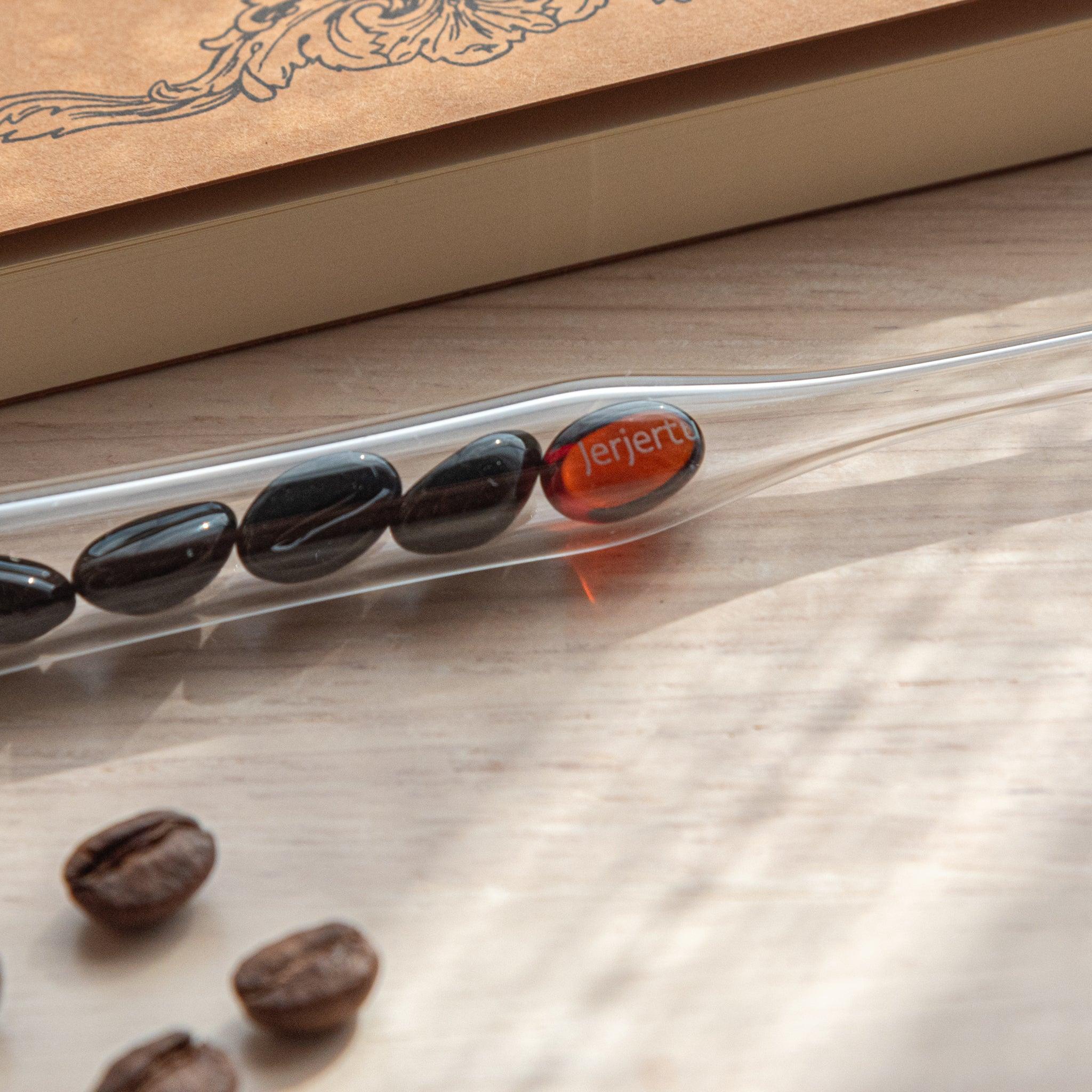 City Roast Coffee Beans Glass Dip Pen side angle showing coffee bean pattern wrapping around transparent glass barrel