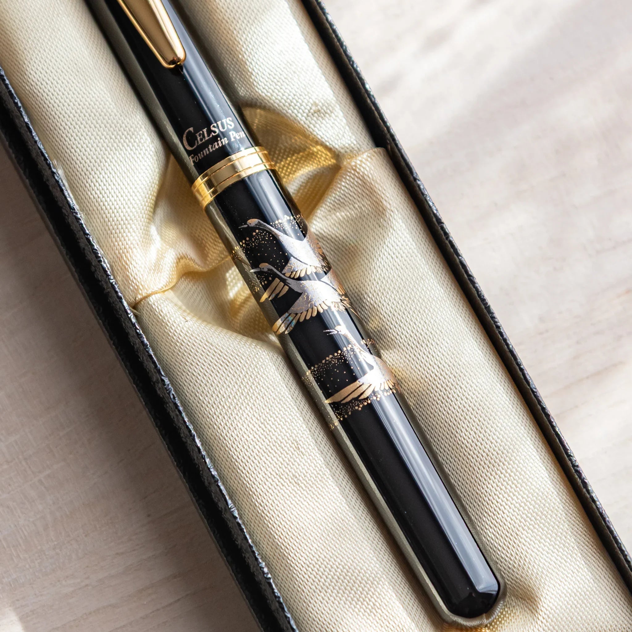 Crane Yamanaka fountain pen with lacquer design shown in composition displayed composition view product composition view