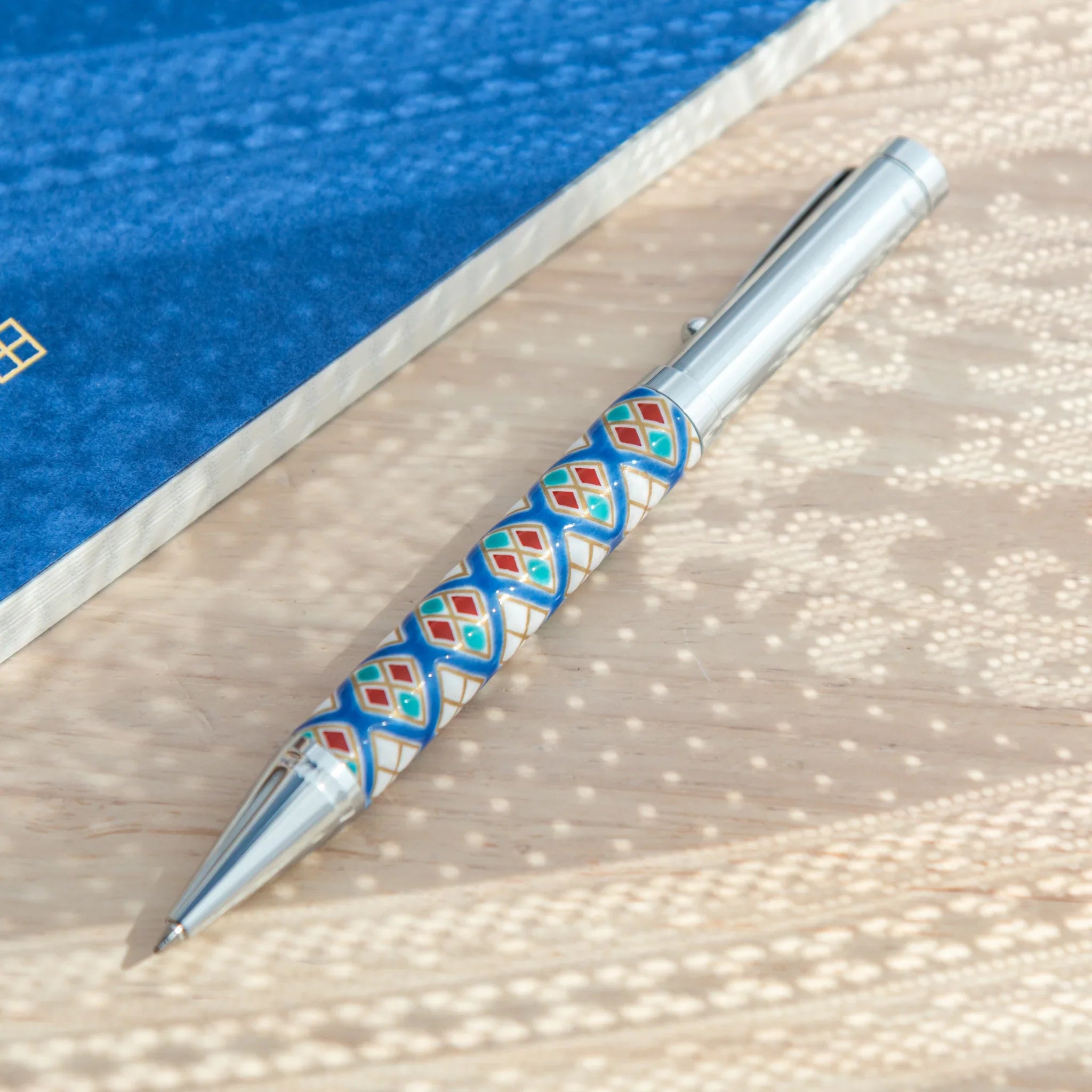 Diamond geometric Kutani ceramic ballpoint pen featuring traditional hand-painted pattern for refined desk organization