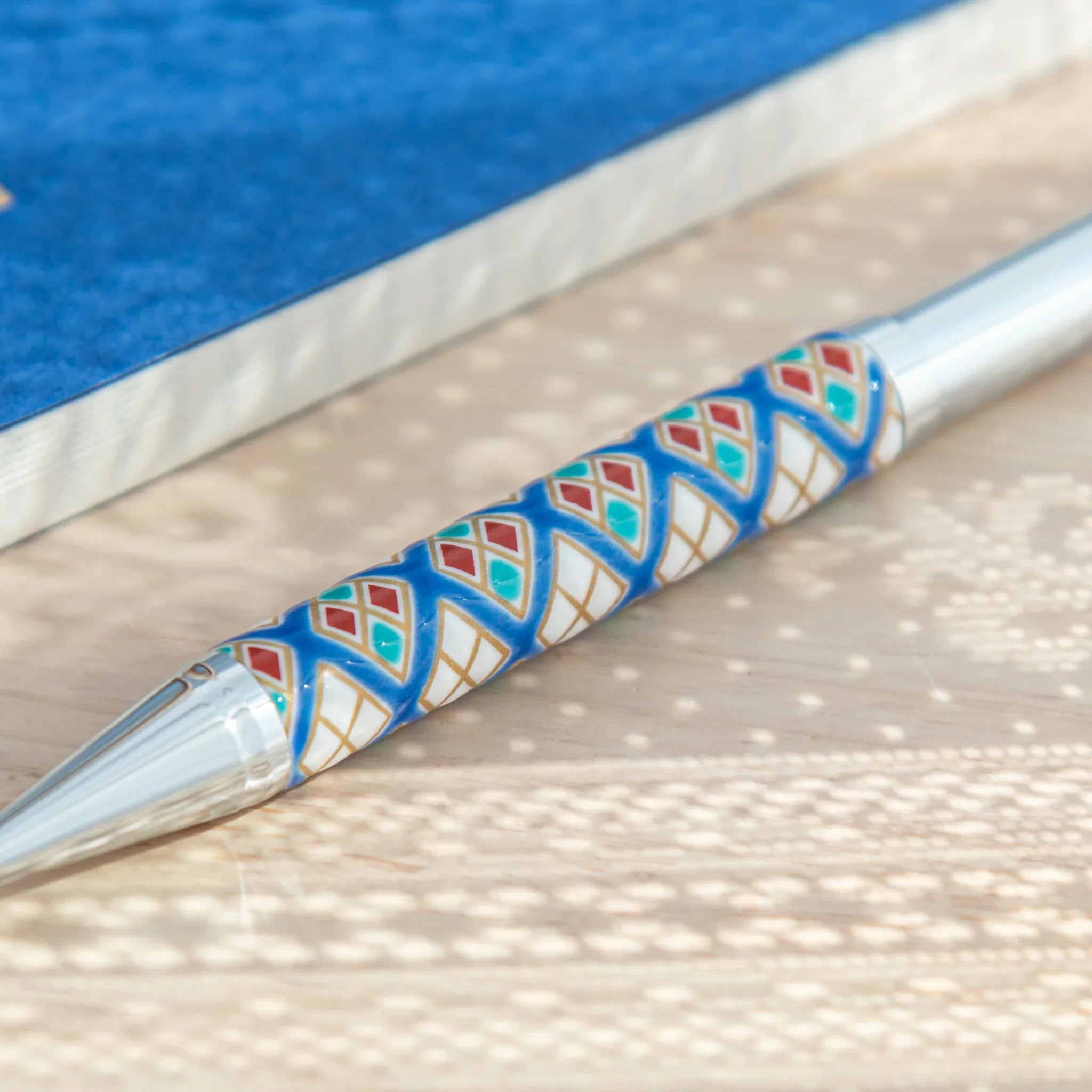 hand-made Kutani ballpoint pen with geometric diamond motif in traditional porcelain featuring traditional