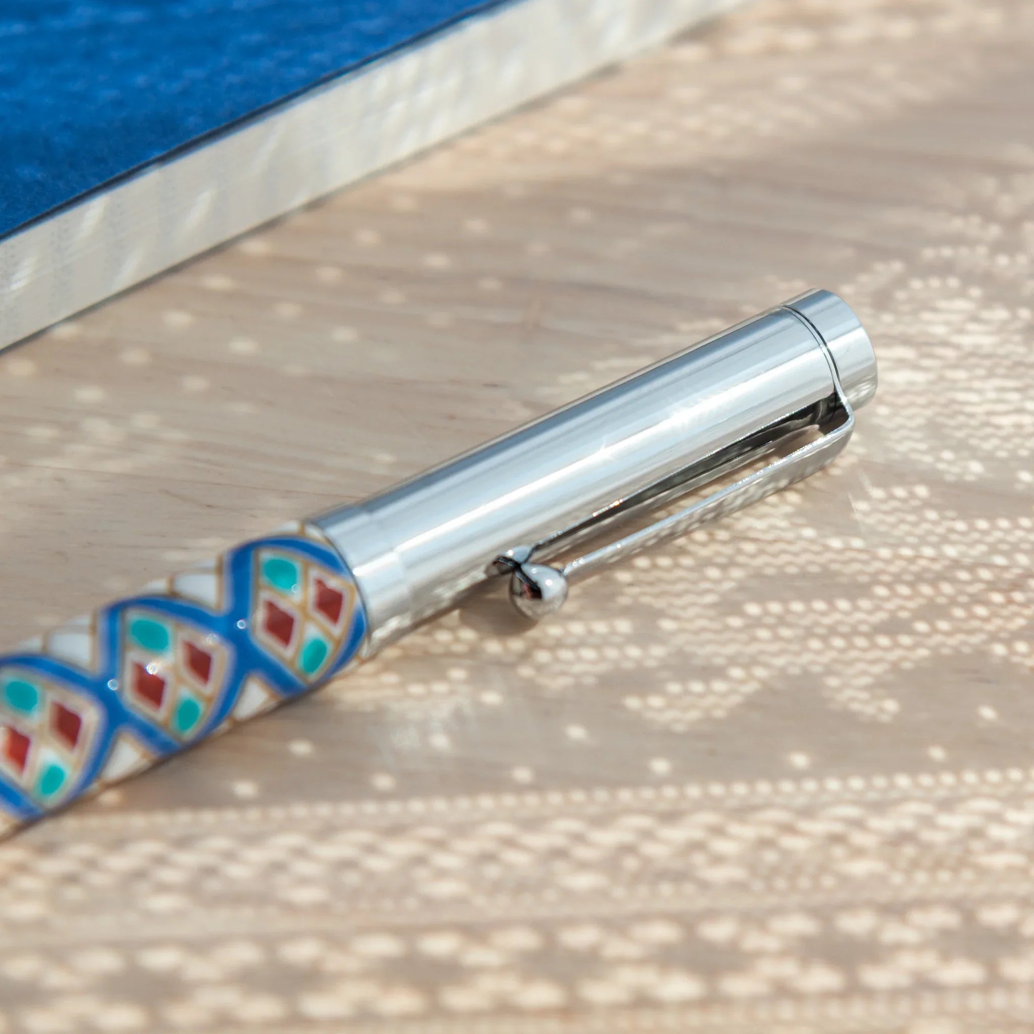diamond Kutani ceramic ballpoint pen featuring hand-painted pattern for use for refined desk organization
