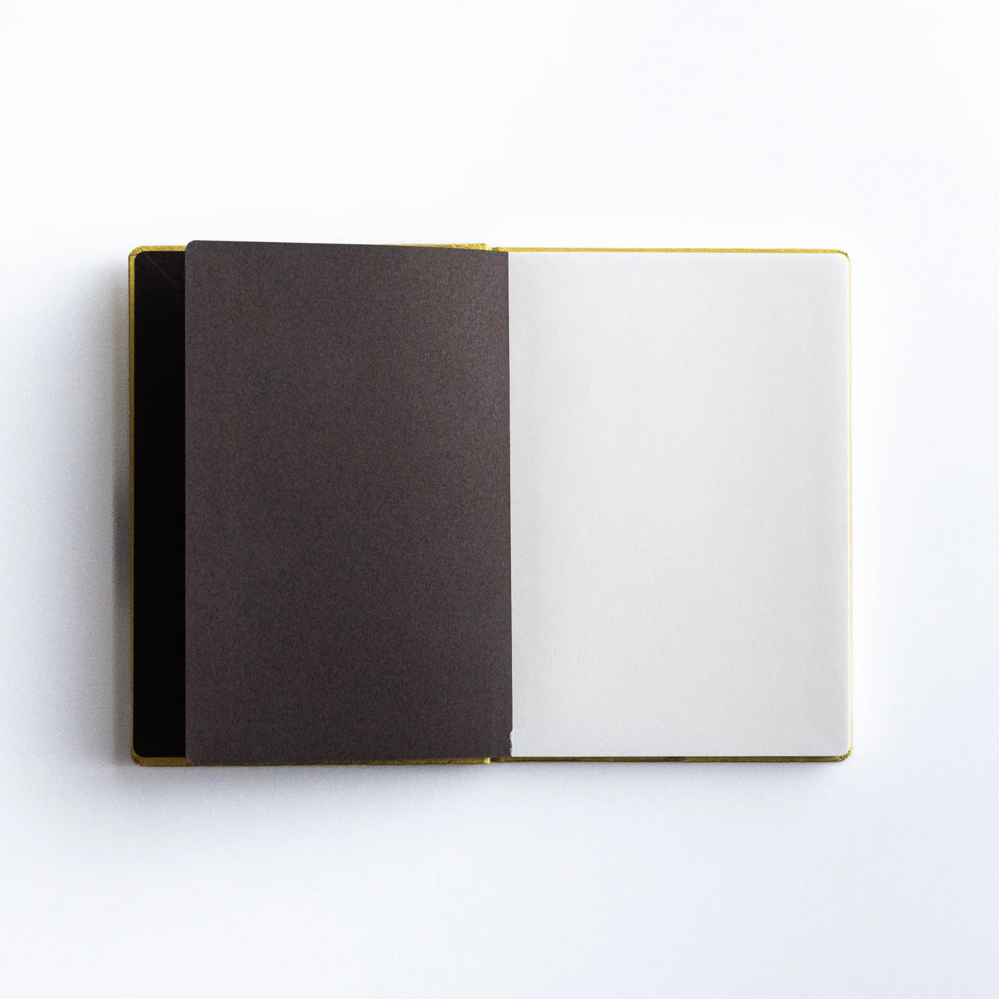 Open Dressco Bank Ledger Paper Japanese Notebook in Gold showing brown and white pages.