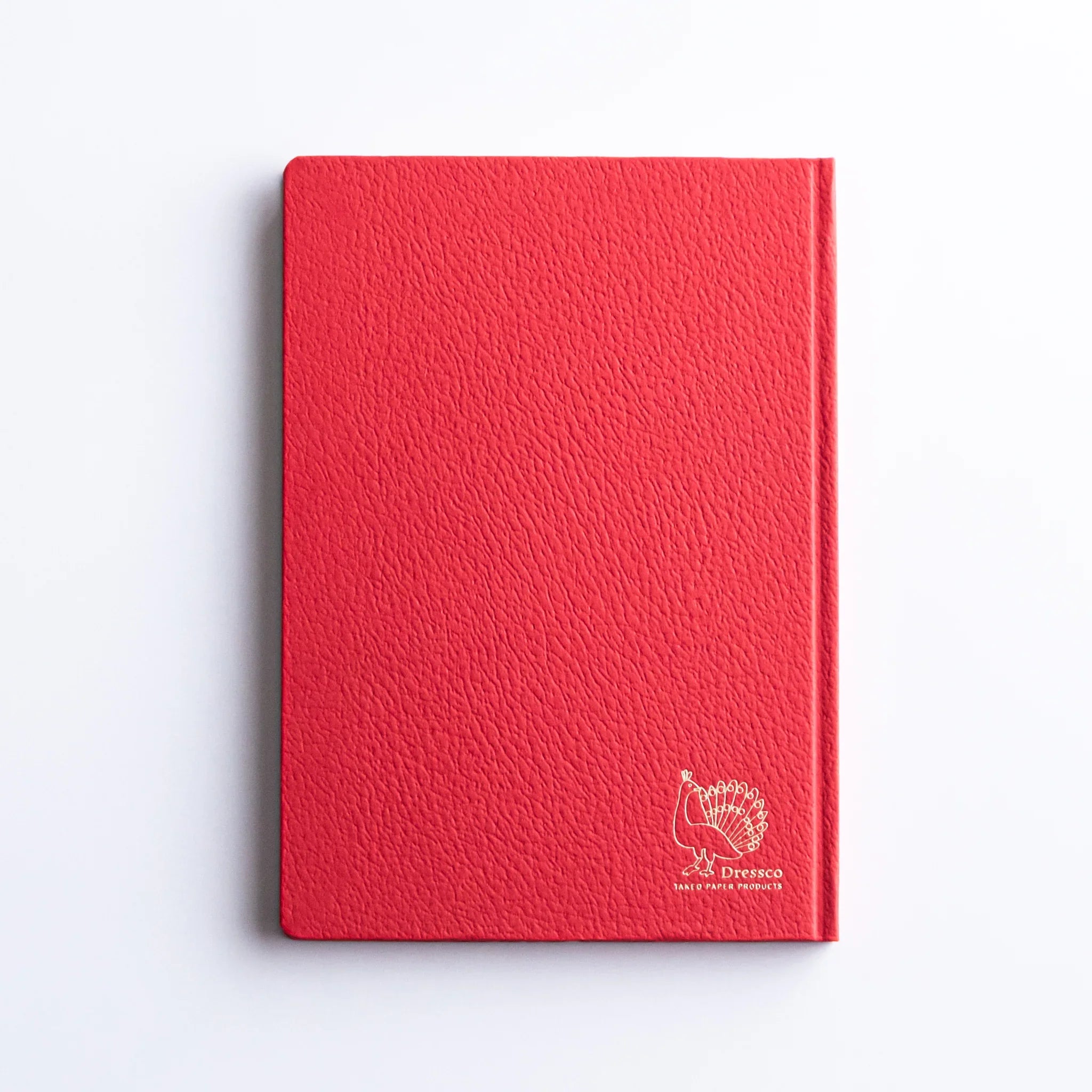 Flat angled composition of Dressco Bank Ledger Paper A6 notebook showing the cover and spine from a low angle