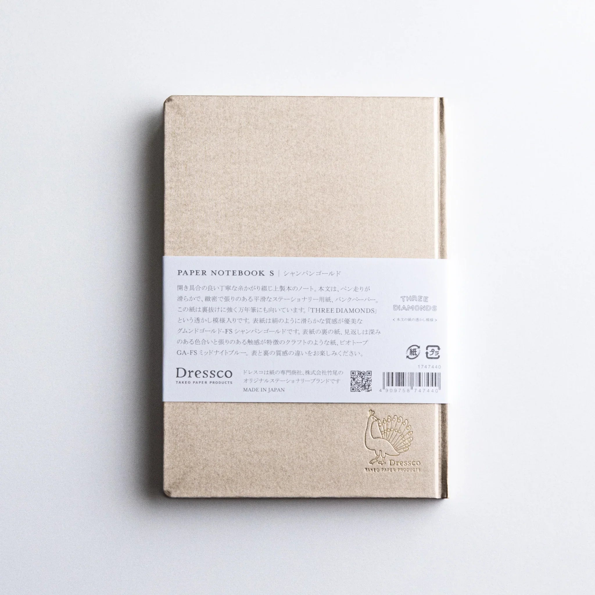 Back view of Dressco Bank Ledger Paper Japanese Notebook in Champagne Gold, with paper band.