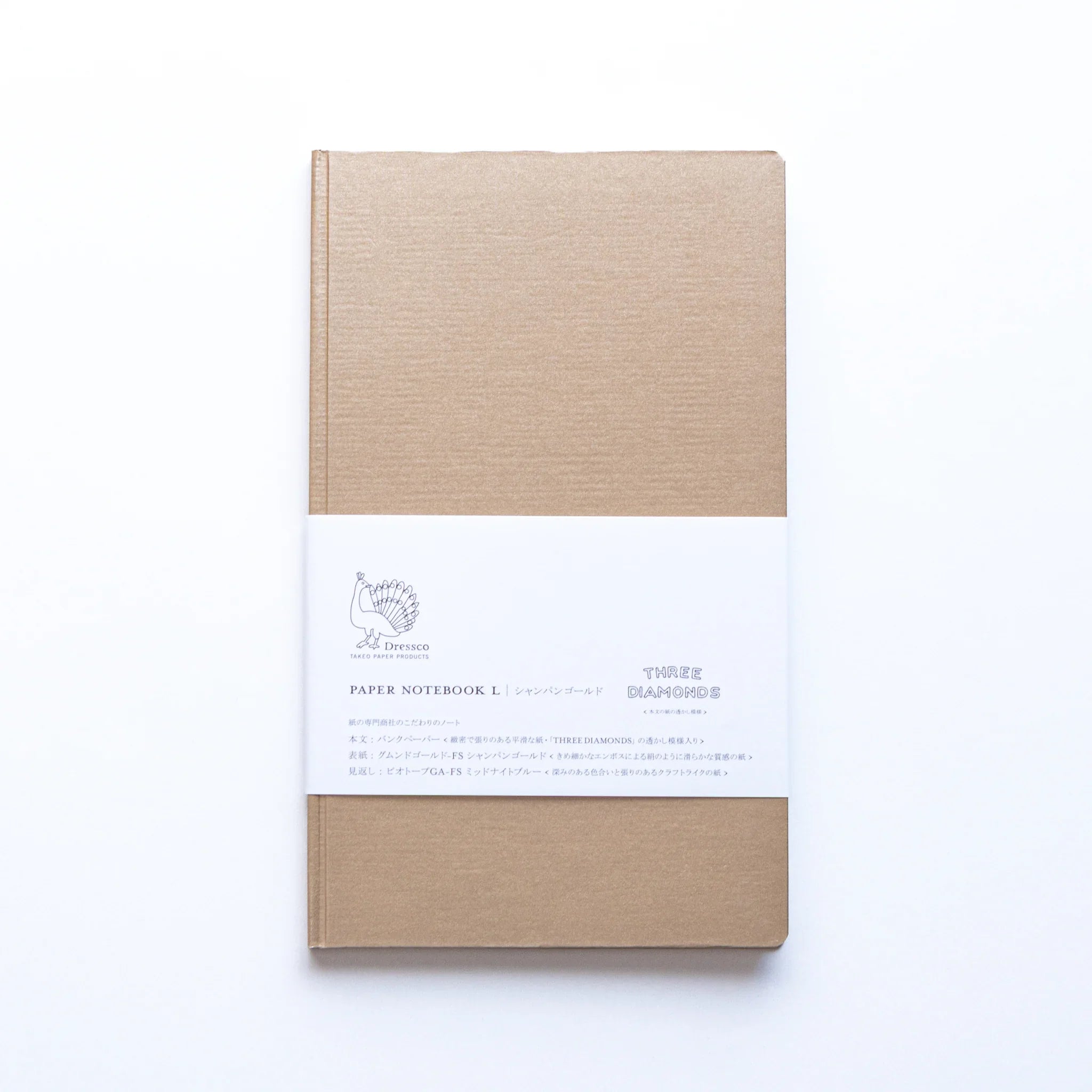 Dressco Bank Ledger Paper Japanese Notebook B6 in Champagne Gold with white label band.